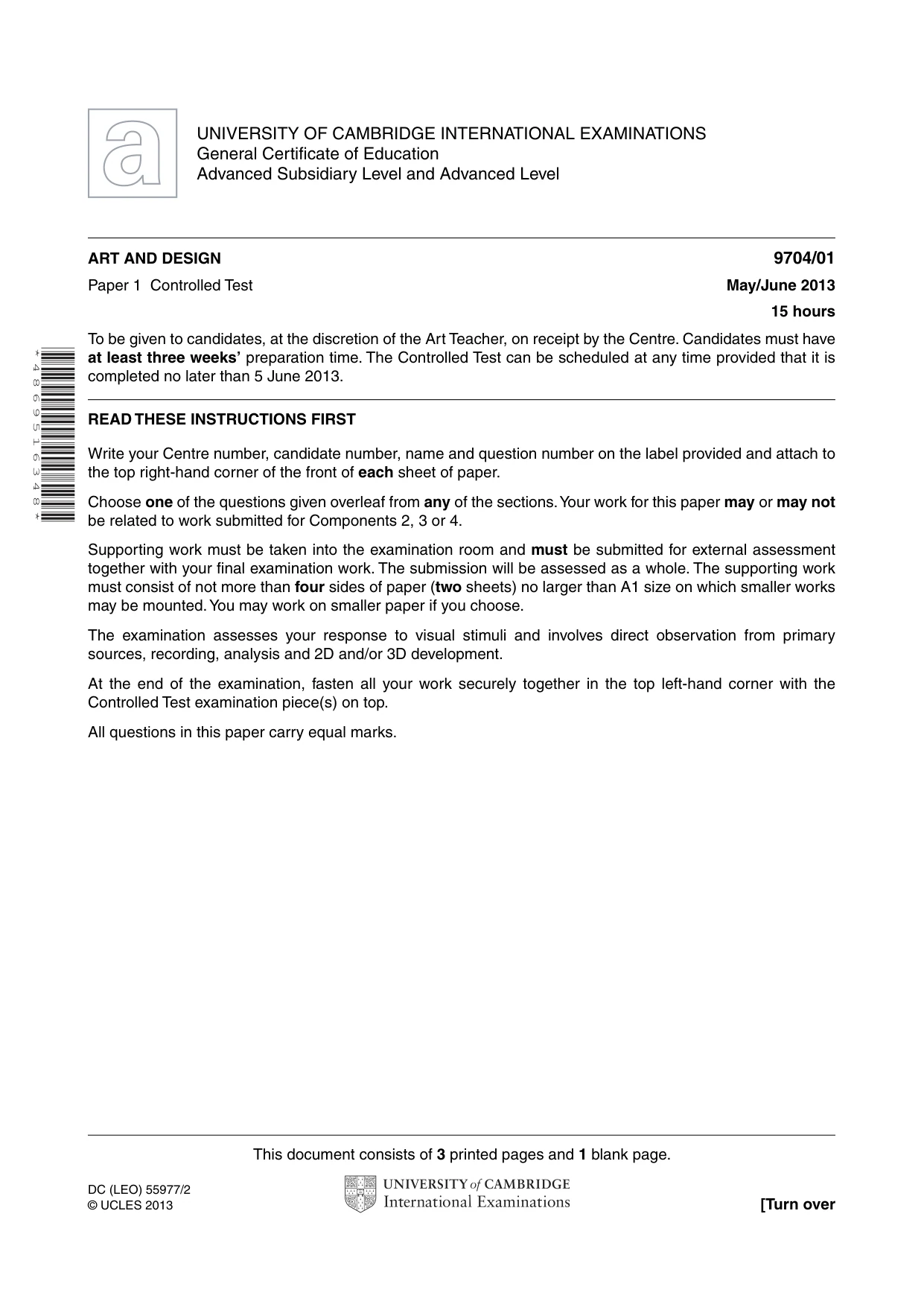 Cambridge A Level Art and Design 9704 2013 May/June Paper 1 · Variant 1 question paper, page 1 of 4