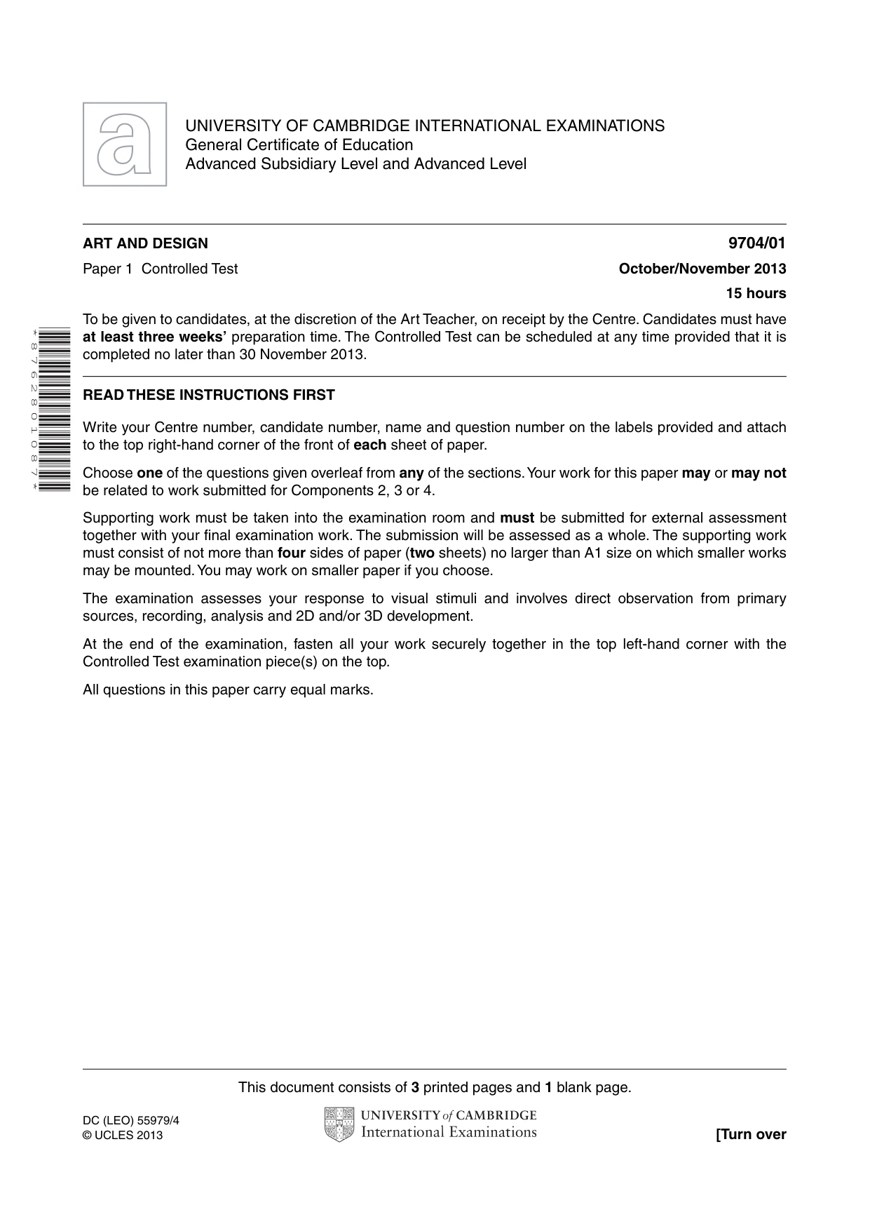 Cambridge A Level Art and Design 9704 2013 Oct/Nov Paper 1 · Variant 1 question paper, page 1 of 4
