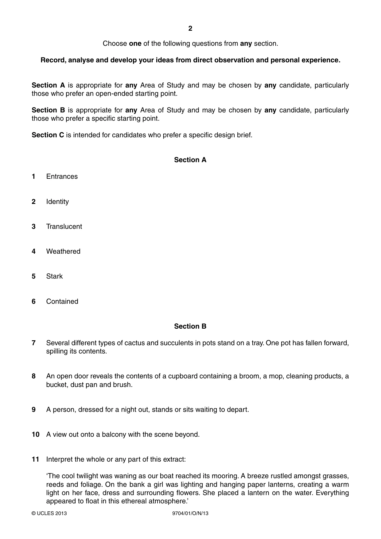 Cambridge A Level Art and Design 9704 2013 Oct/Nov Paper 1 · Variant 1 question paper, page 2 of 4