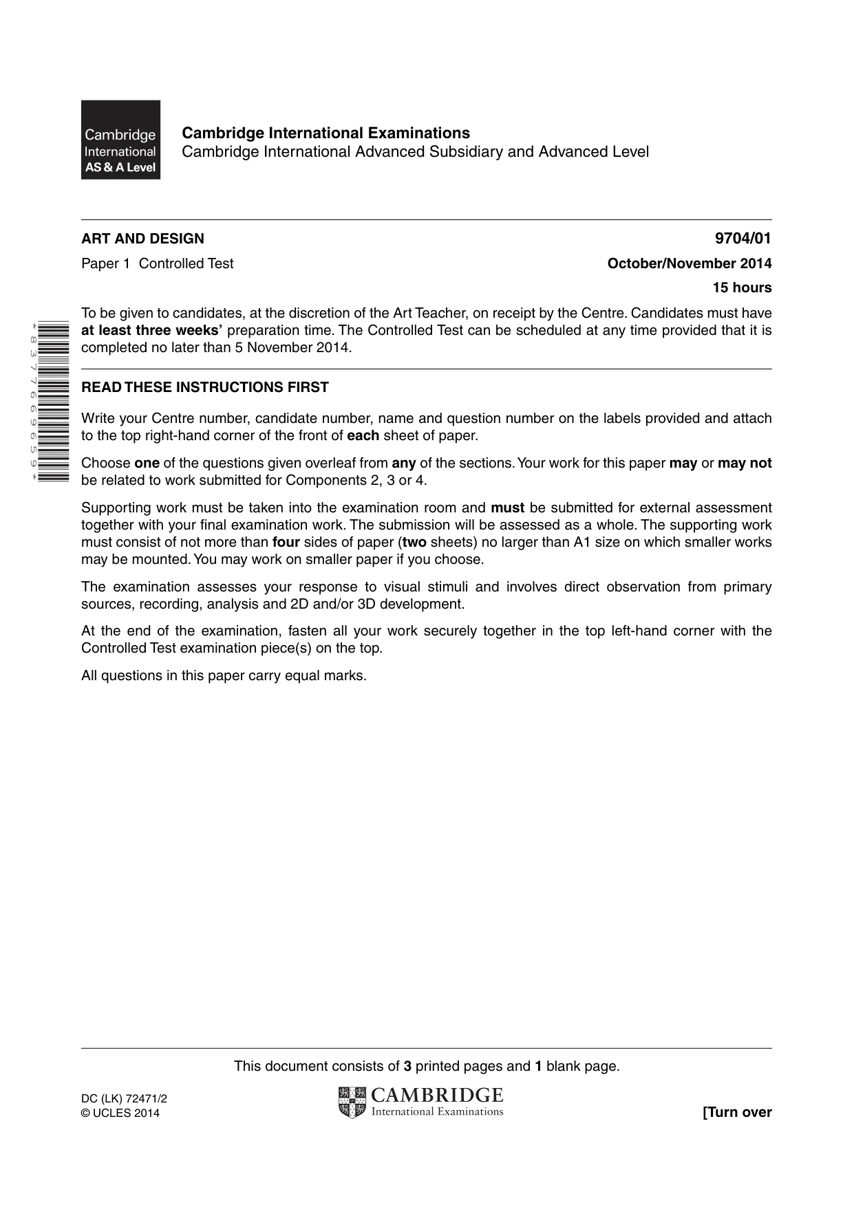 Cambridge A Level Art and Design 9704 2014 Oct/Nov Paper 1 · Variant 1 question paper, page 1 of 4