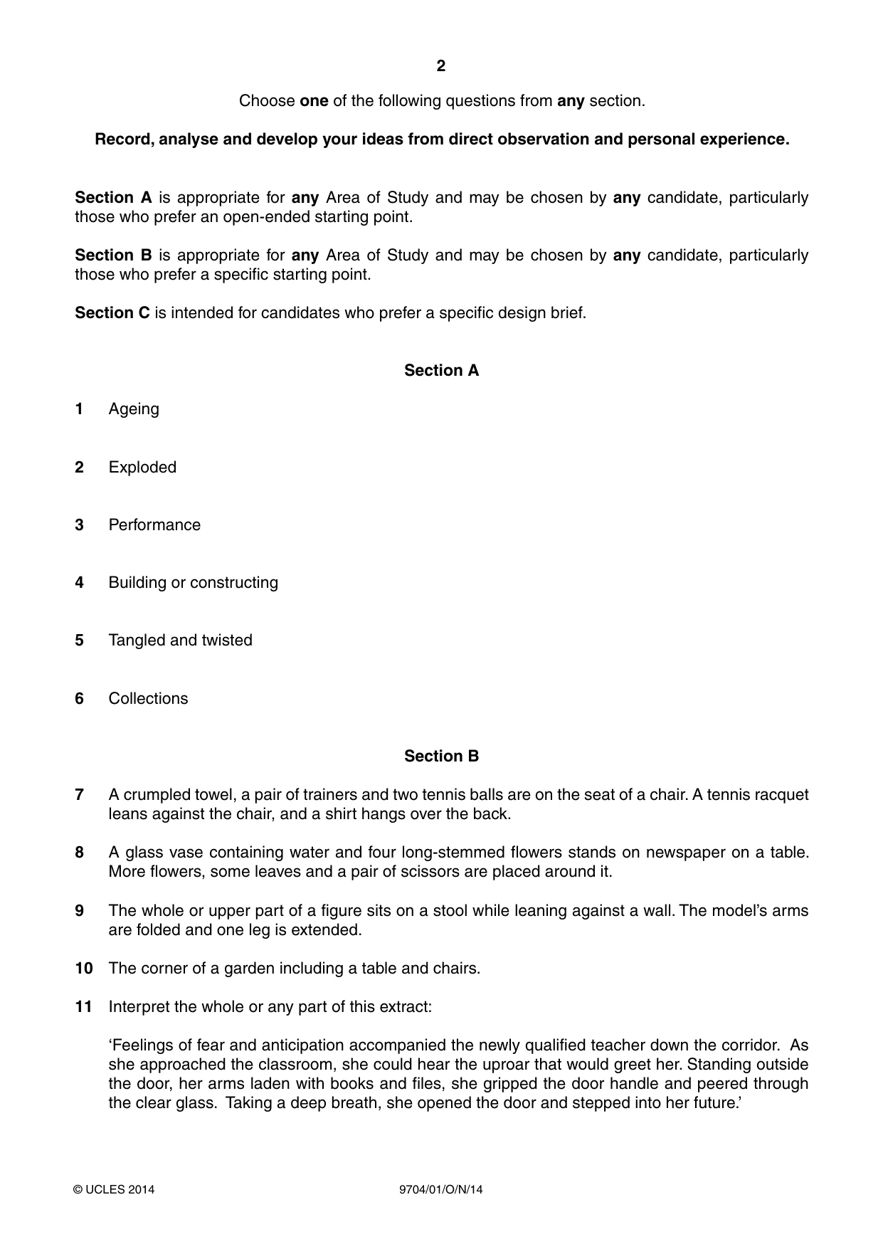 Cambridge A Level Art and Design 9704 2014 Oct/Nov Paper 1 · Variant 1 question paper, page 2 of 4