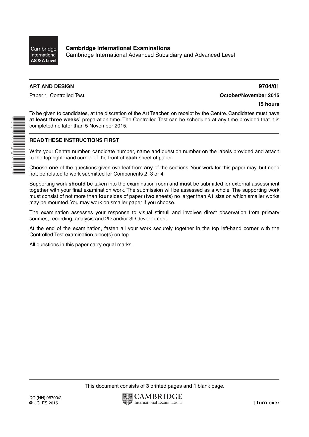 Cambridge A Level Art and Design 9704 2015 Oct/Nov Paper 1 · Variant 1 question paper, page 1 of 4