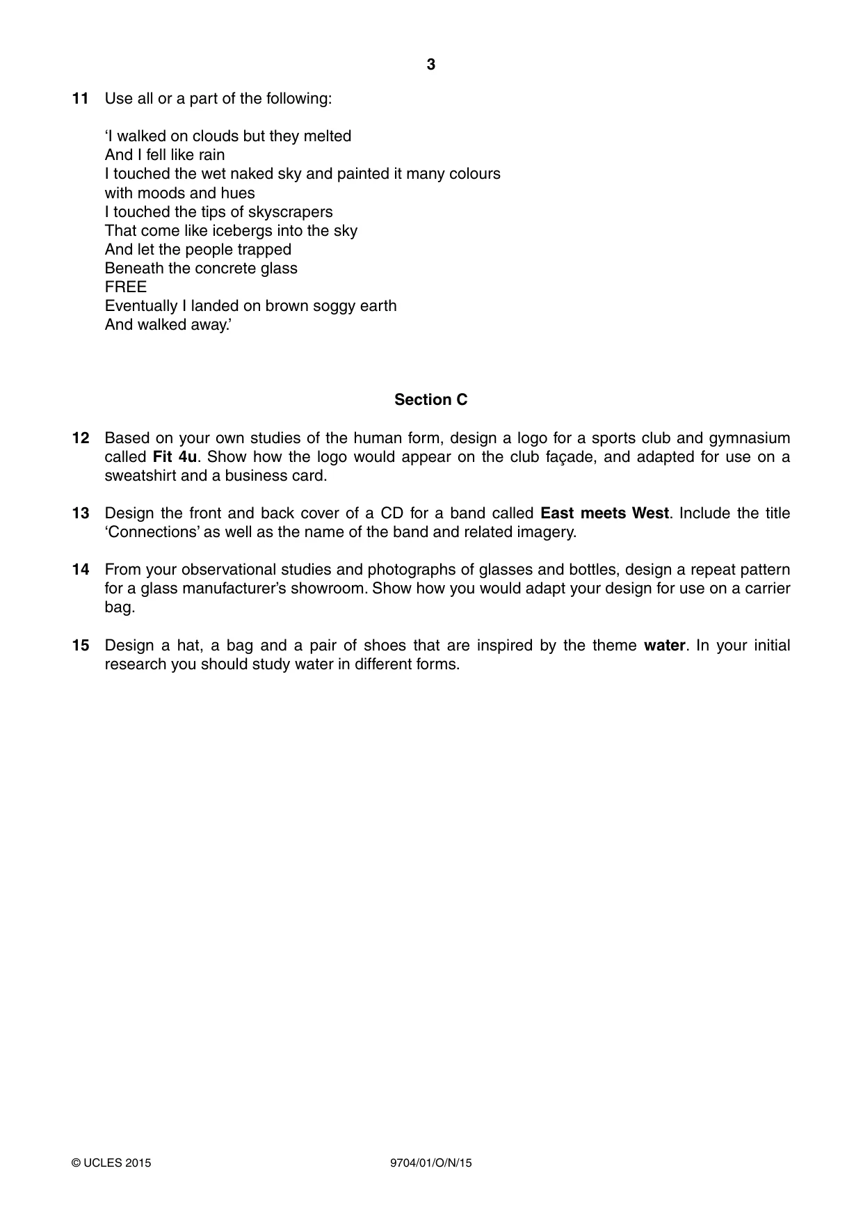 Cambridge A Level Art and Design 9704 2015 Oct/Nov Paper 1 · Variant 1 question paper, page 3 of 4