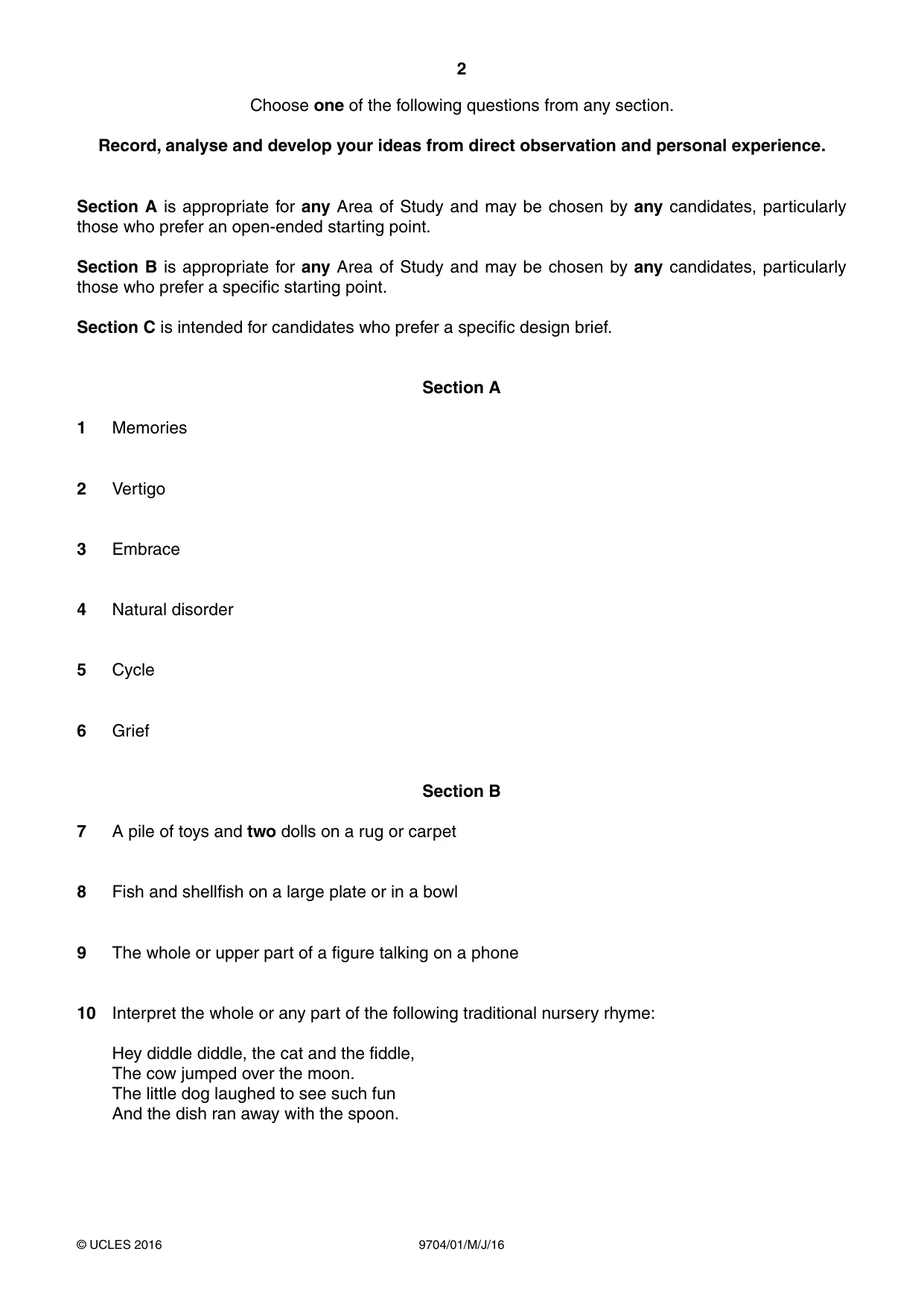 Cambridge A Level Art and Design 9704 2016 May/June Paper 1 · Variant 0 question paper, page 2 of 4