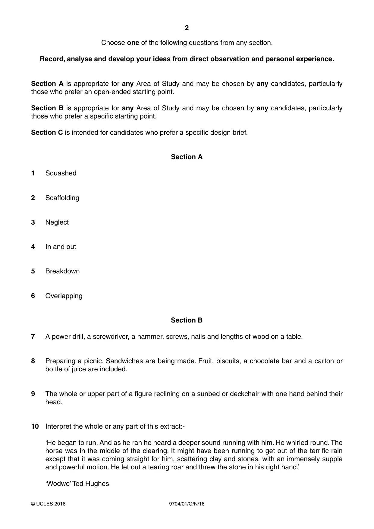 Cambridge A Level Art and Design 9704 2016 Oct/Nov Paper 1 · Variant 0 question paper, page 2 of 4
