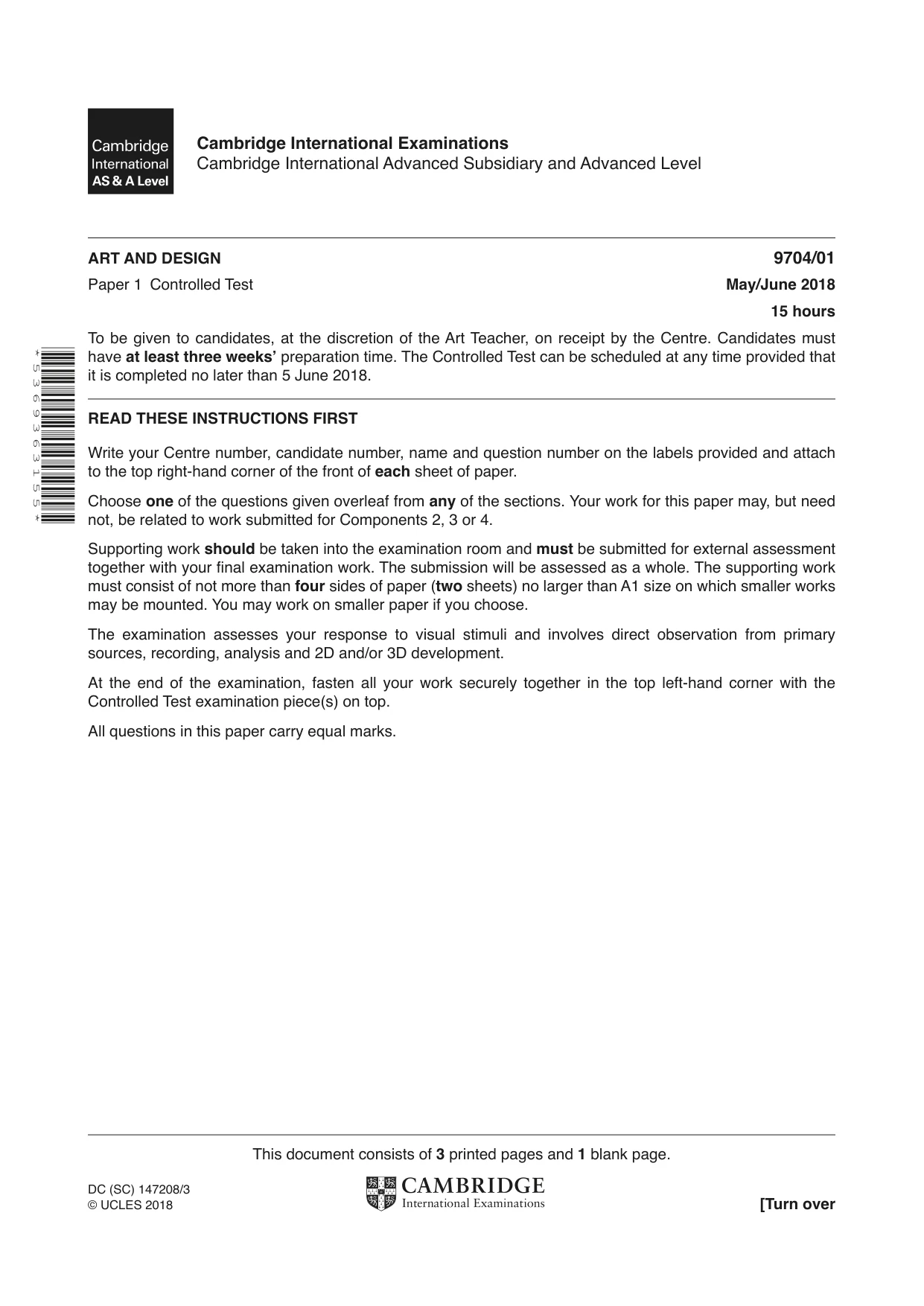 Cambridge A Level Art and Design 9704 2018 May/June Paper 1 · Variant 0 question paper, page 1 of 4