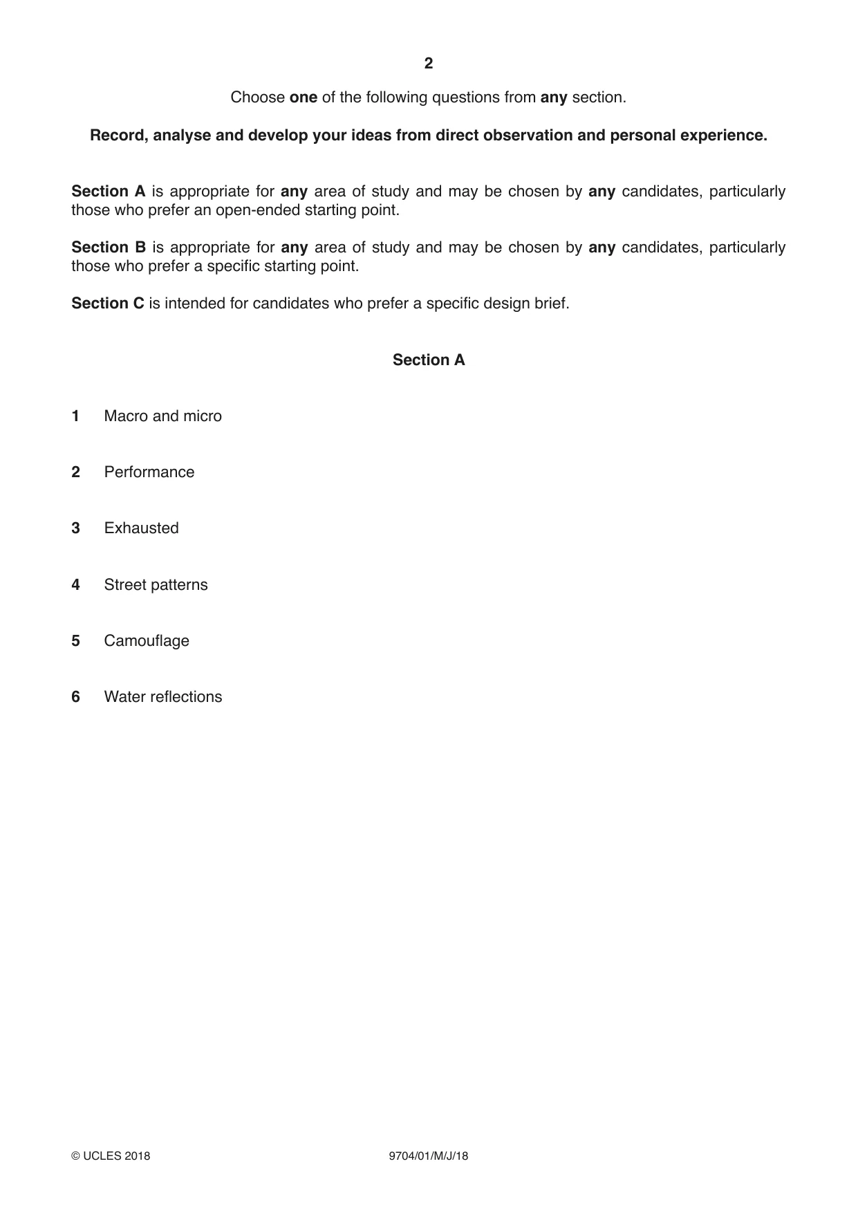 Cambridge A Level Art and Design 9704 2018 May/June Paper 1 · Variant 0 question paper, page 2 of 4