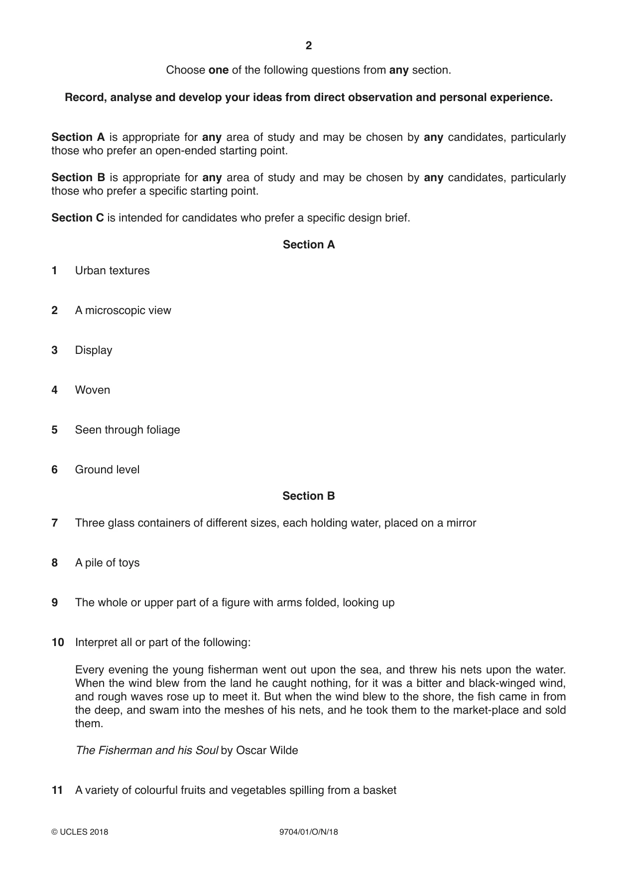 Cambridge A Level Art and Design 9704 2018 Oct/Nov Paper 1 · Variant 0 question paper, page 2 of 4