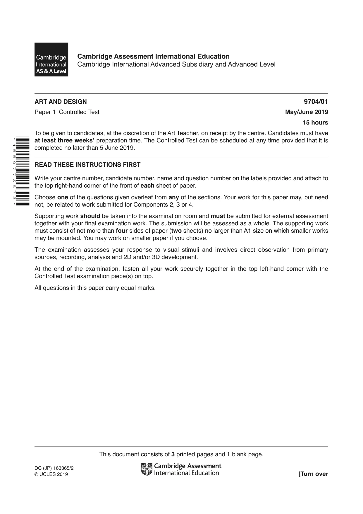 Cambridge A Level Art and Design 9704 2019 May/June Paper 1 · Variant 1 question paper, page 1 of 4