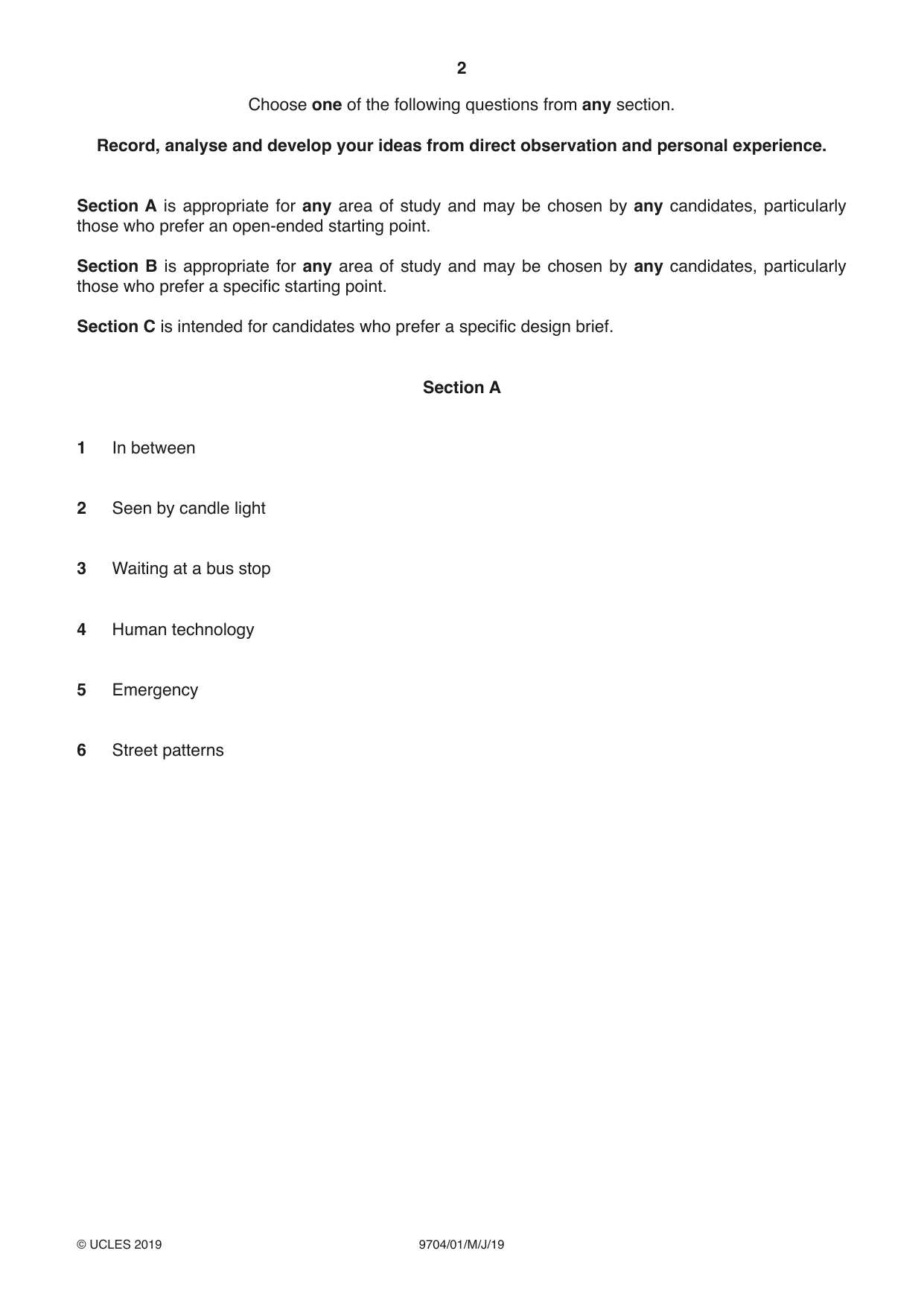 Cambridge A Level Art and Design 9704 2019 May/June Paper 1 · Variant 1 question paper, page 2 of 4