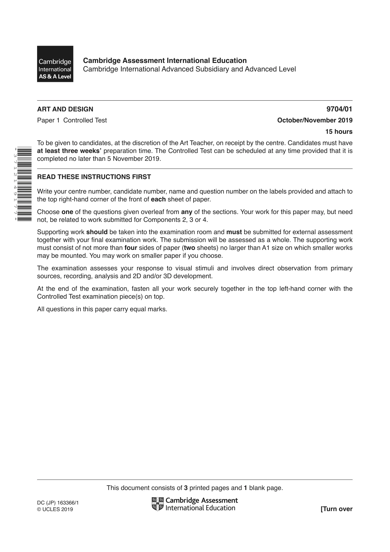 Cambridge A Level Art and Design 9704 2019 Oct/Nov Paper 1 · Variant 1 question paper, page 1 of 4