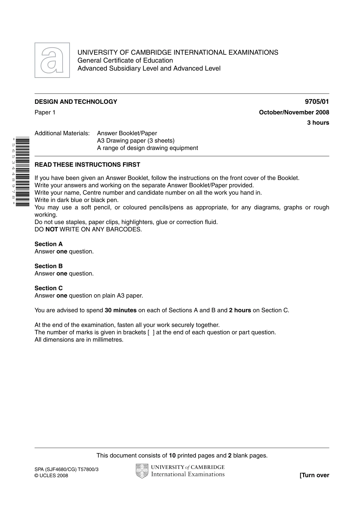 Cambridge A Level Design and Technology 9705 2008 Oct/Nov Paper 1 · Variant 1 question paper, page 1 of 12