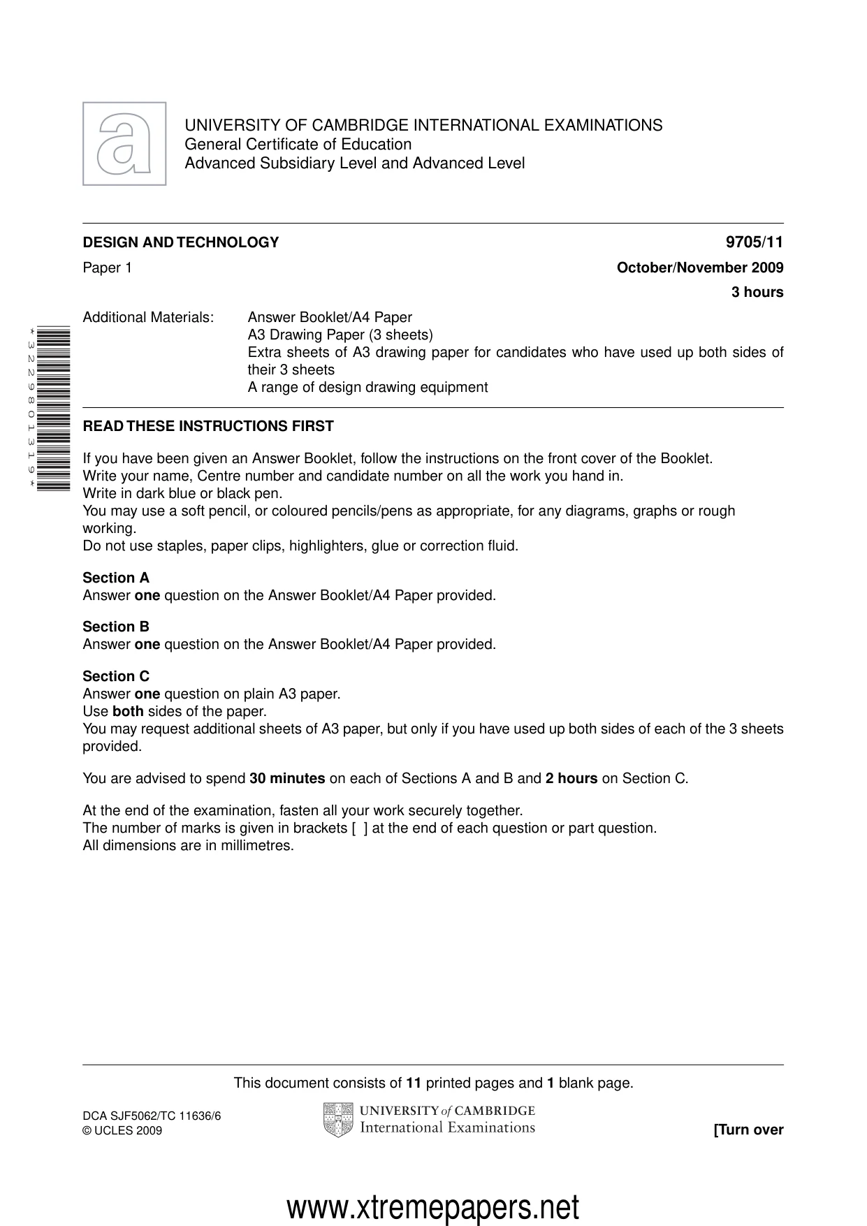 Cambridge A Level Design and Technology 9705 2009 Oct/Nov Paper 1 · Variant 1 question paper, page 1 of 12