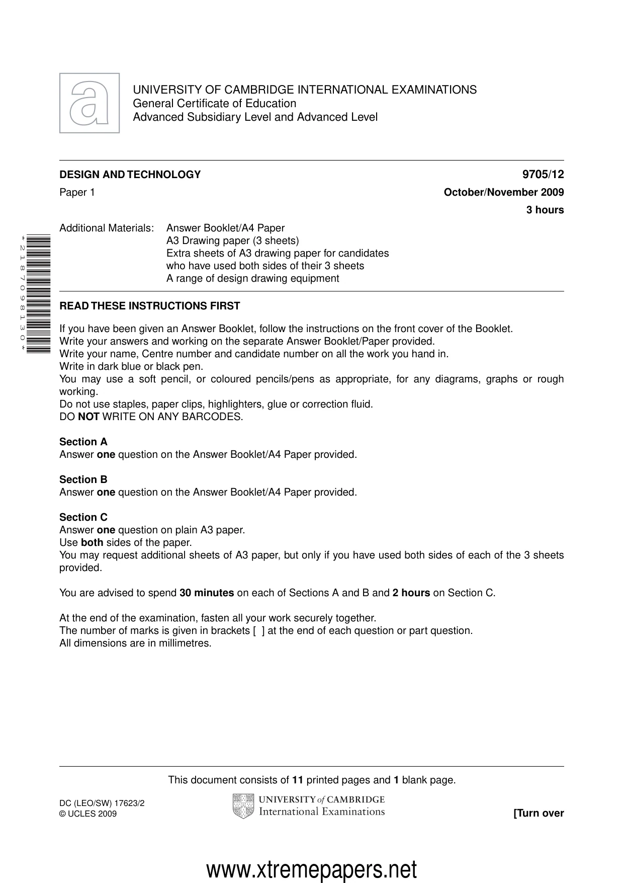 Cambridge A Level Design and Technology 9705 2009 Oct/Nov Paper 1 · Variant 2 question paper, page 1 of 12