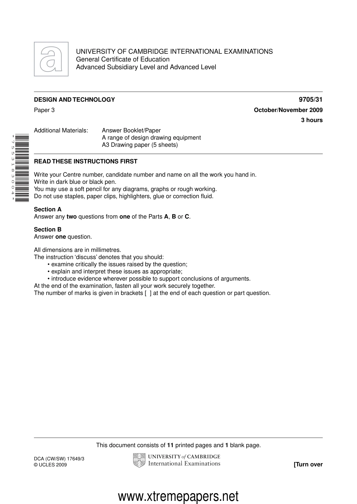 Cambridge A Level Design and Technology 9705 2009 Oct/Nov Paper 3 · Variant 1 question paper, page 1 of 12