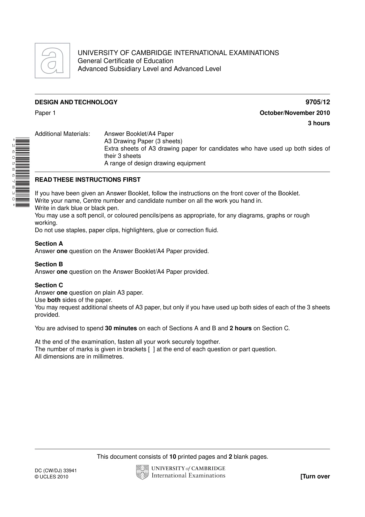 Cambridge A Level Design and Technology 9705 2010 Oct/Nov Paper 1 · Variant 2 question paper, page 1 of 12