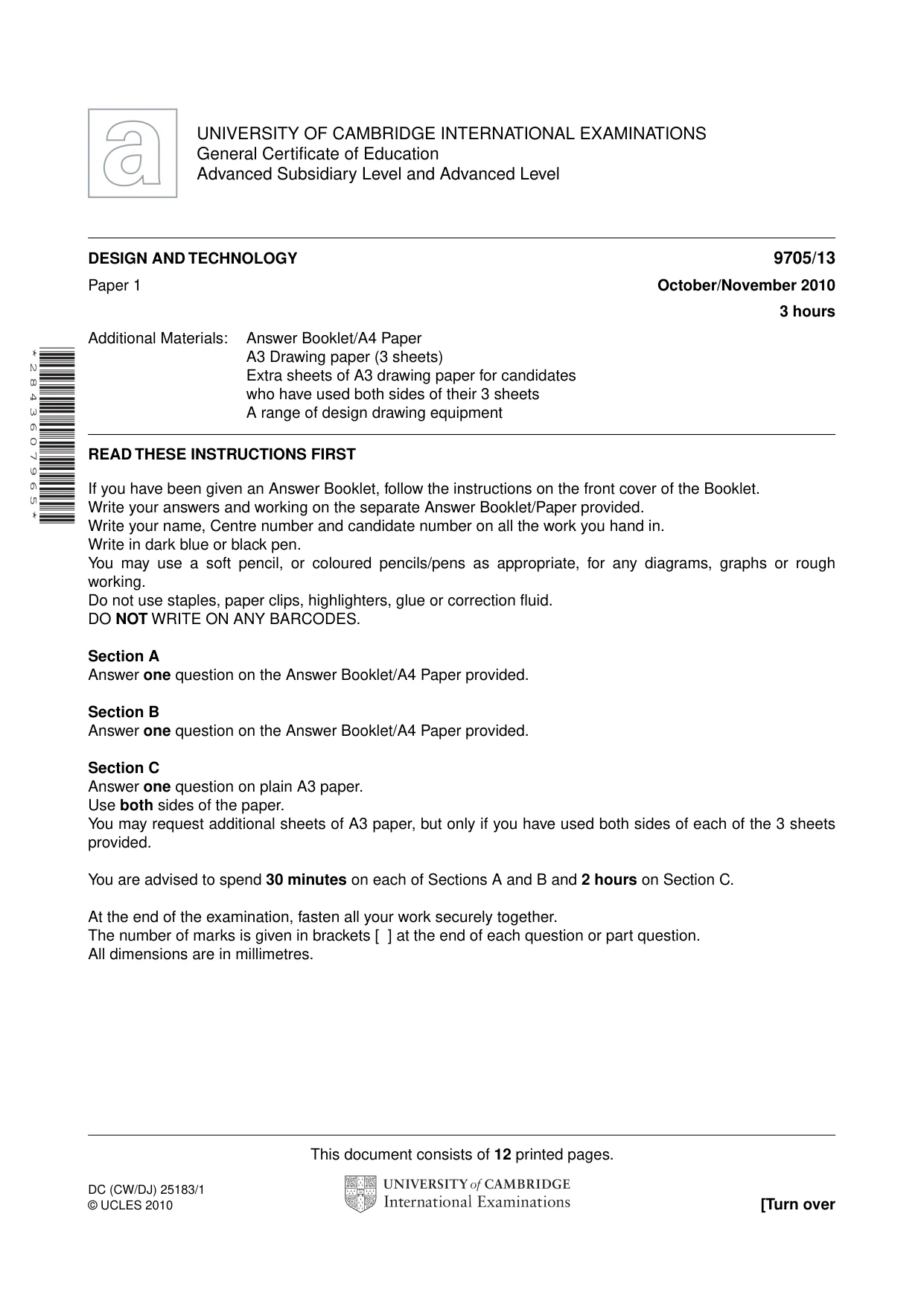 Cambridge A Level Design and Technology 9705 2010 Oct/Nov Paper 1 · Variant 3 question paper, page 1 of 12