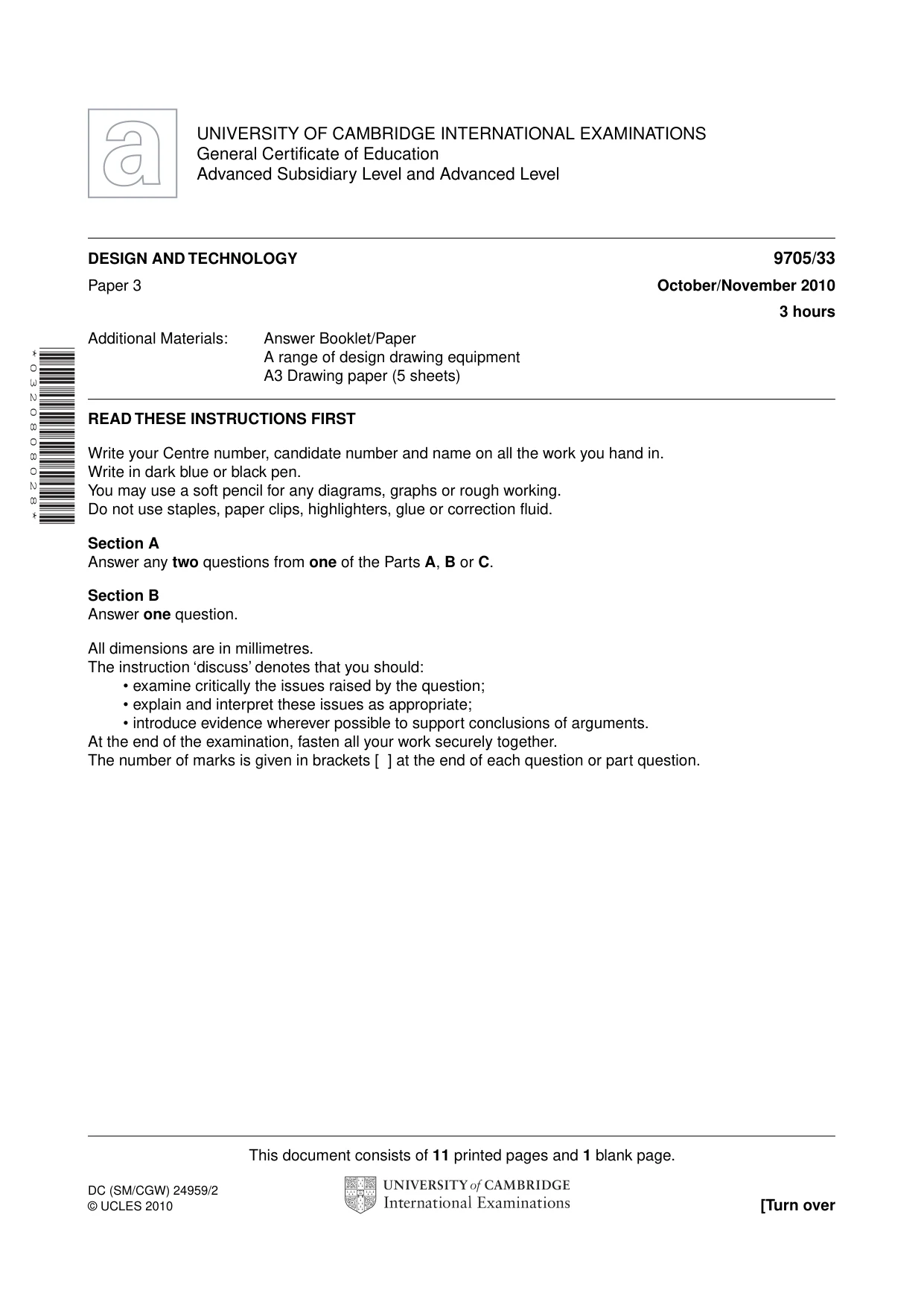 Cambridge A Level Design and Technology 9705 2010 Oct/Nov Paper 3 · Variant 3 question paper, page 1 of 12