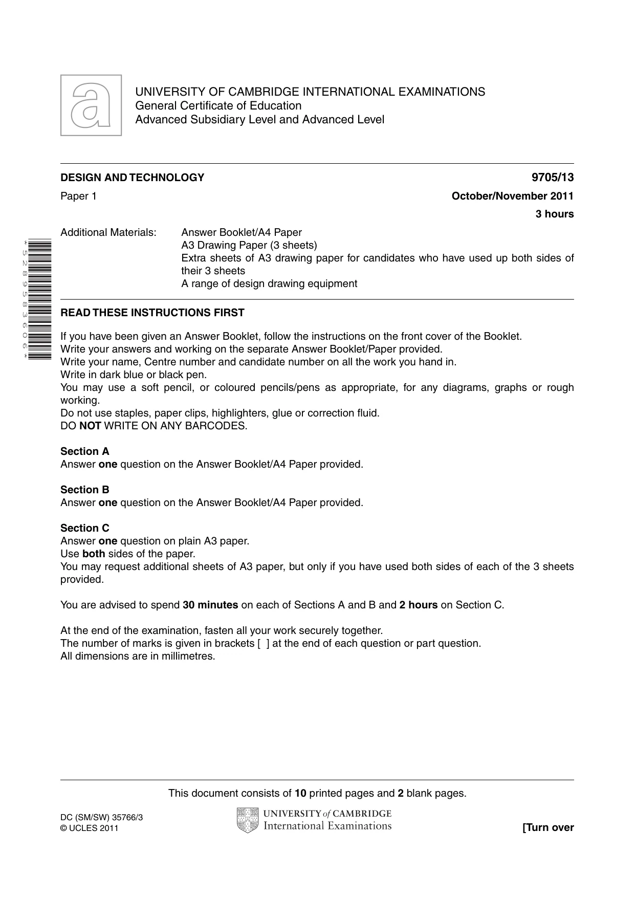 Cambridge A Level Design and Technology 9705 2011 Oct/Nov Paper 1 · Variant 3 question paper, page 1 of 12