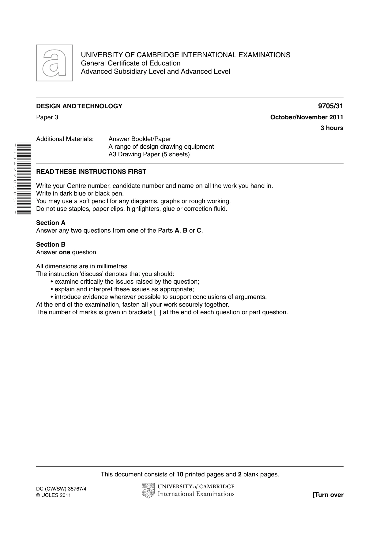 Cambridge A Level Design and Technology 9705 2011 Oct/Nov Paper 3 · Variant 1 question paper, page 1 of 12