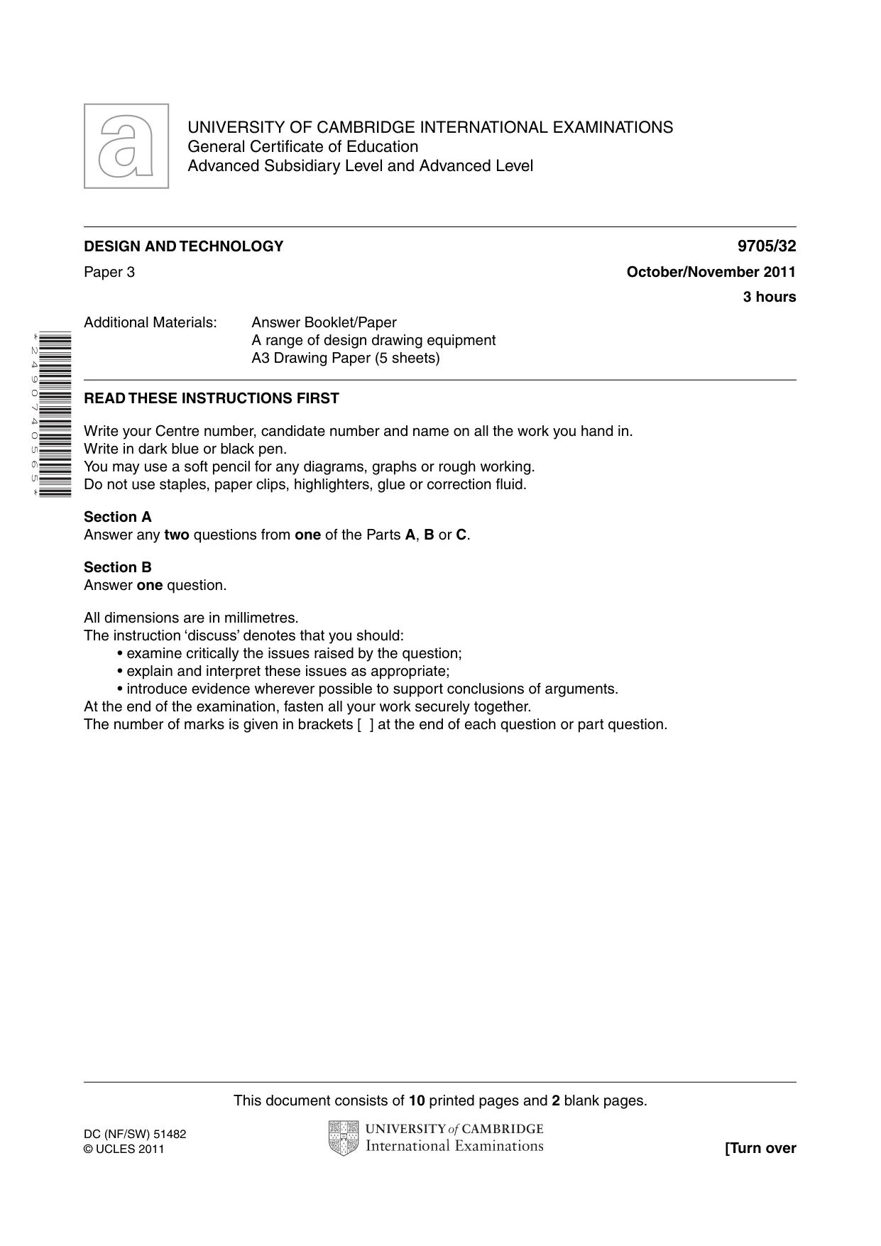 Cambridge A Level Design and Technology 9705 2011 Oct/Nov Paper 3 · Variant 2 question paper, page 1 of 12