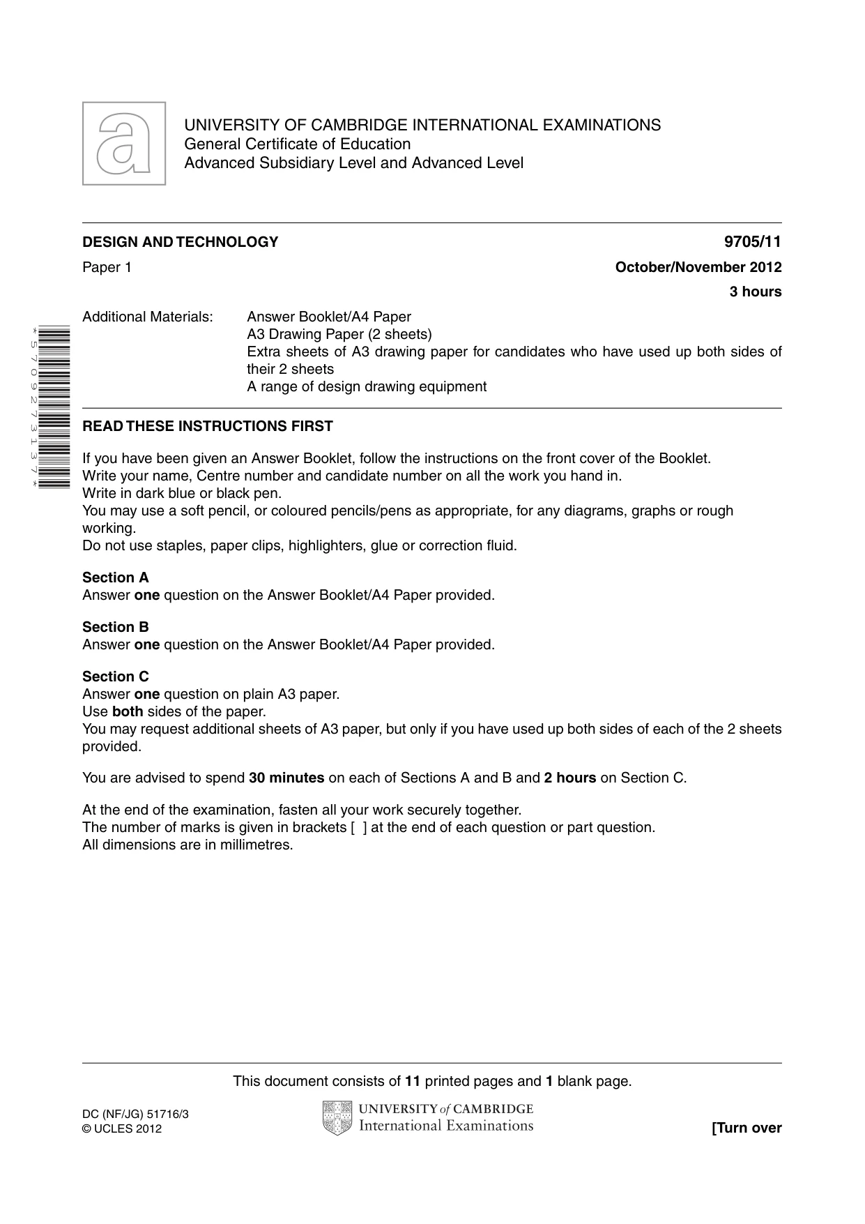 Cambridge A Level Design and Technology 9705 2012 Oct/Nov Paper 1 · Variant 1 question paper, page 1 of 12