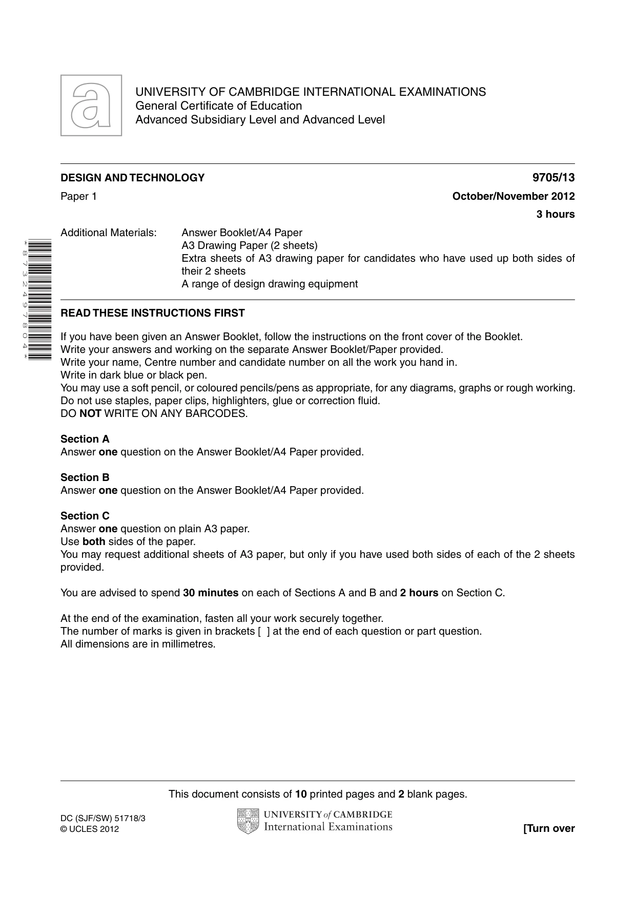 Cambridge A Level Design and Technology 9705 2012 Oct/Nov Paper 1 · Variant 3 question paper, page 1 of 12