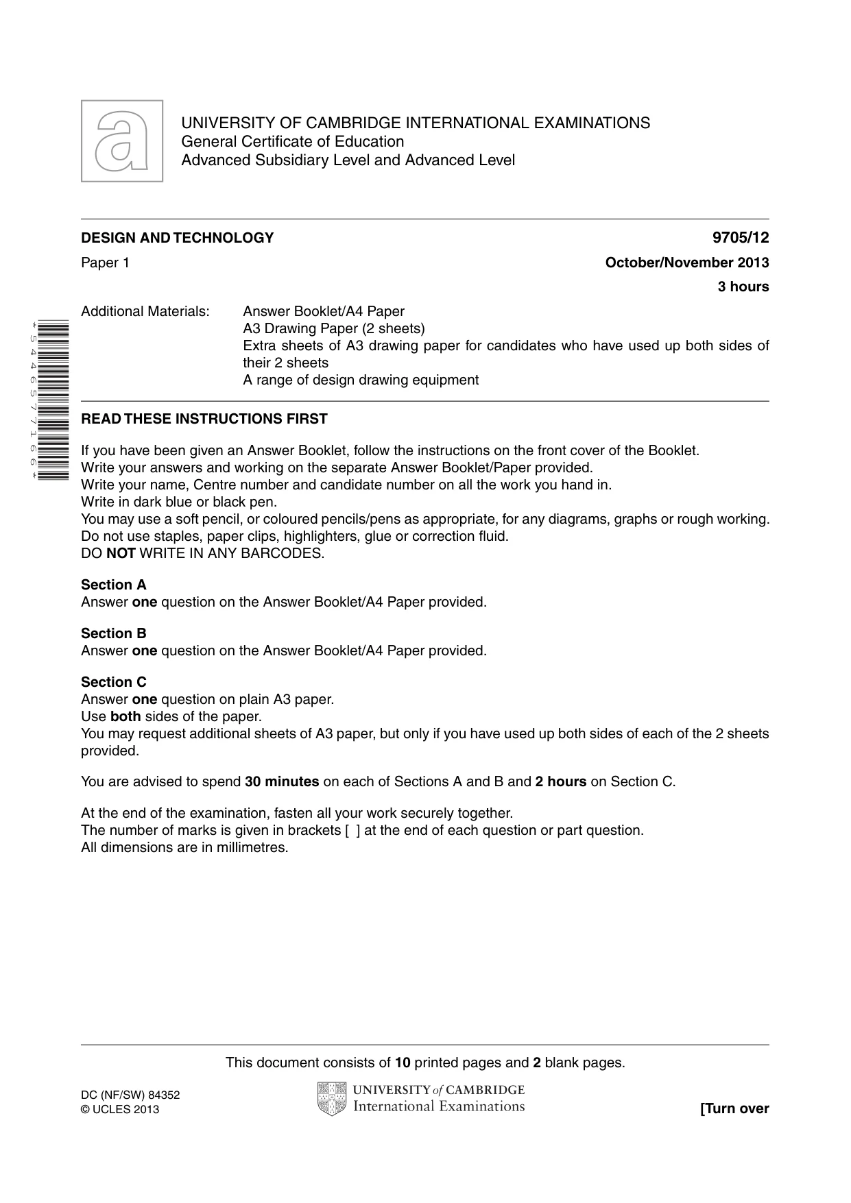 Cambridge A Level Design and Technology 9705 2013 Oct/Nov Paper 1 · Variant 2 question paper, page 1 of 12