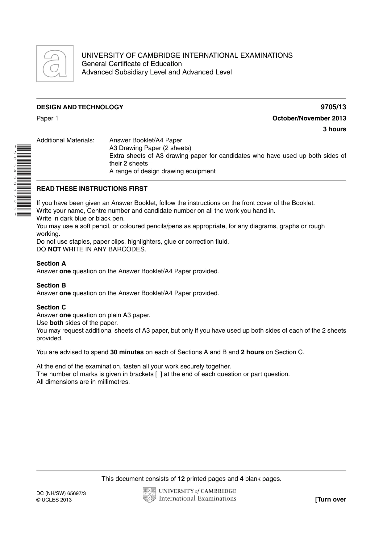 Cambridge A Level Design and Technology 9705 2013 Oct/Nov Paper 1 · Variant 3 question paper, page 1 of 16