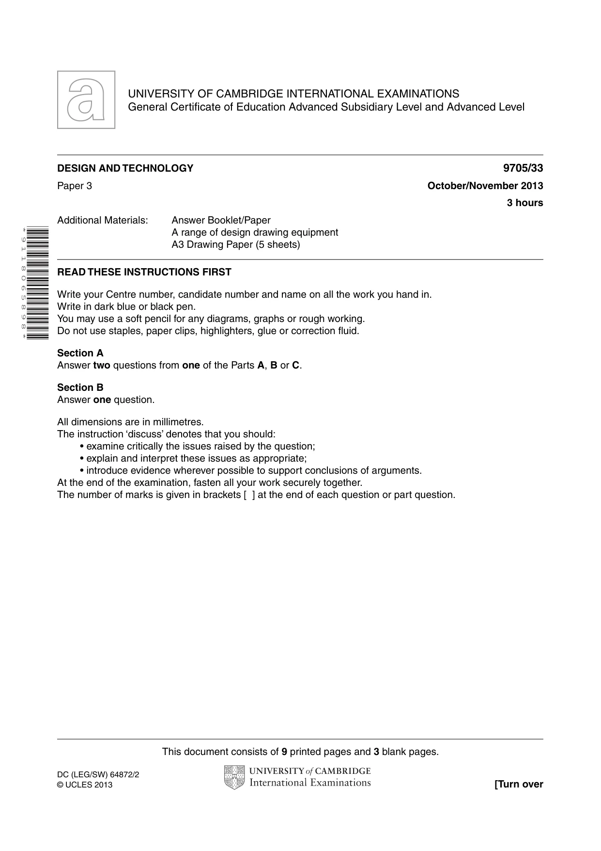 Cambridge A Level Design and Technology 9705 2013 Oct/Nov Paper 3 · Variant 3 question paper, page 1 of 12