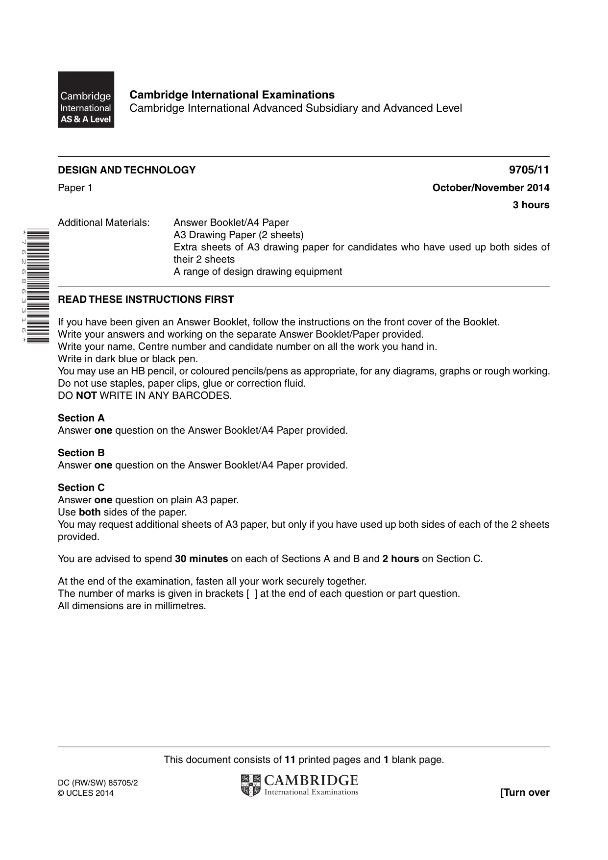 Cambridge A Level Design and Technology 9705 2014 Oct/Nov Paper 1 · Variant 1 question paper, page 1 of 12