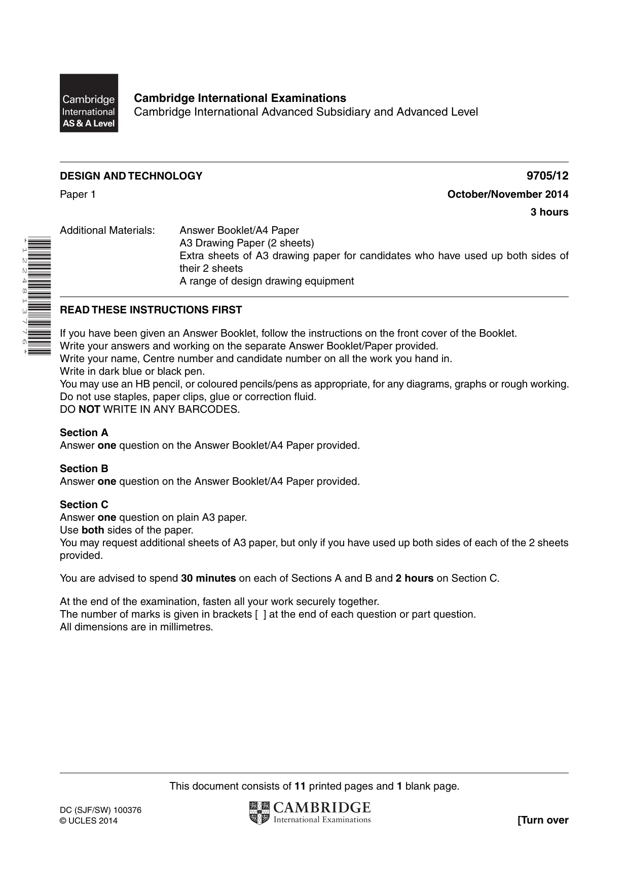 Cambridge A Level Design and Technology 9705 2014 Oct/Nov Paper 1 · Variant 2 question paper, page 1 of 12