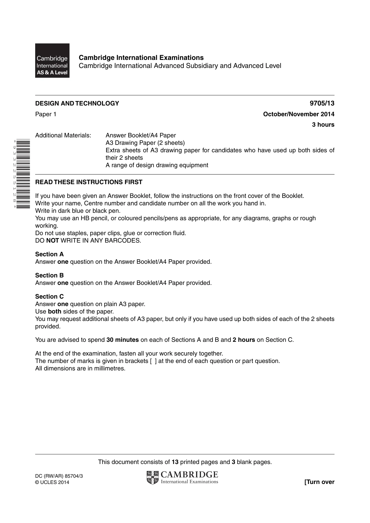 Cambridge A Level Design and Technology 9705 2014 Oct/Nov Paper 1 · Variant 3 question paper, page 1 of 16