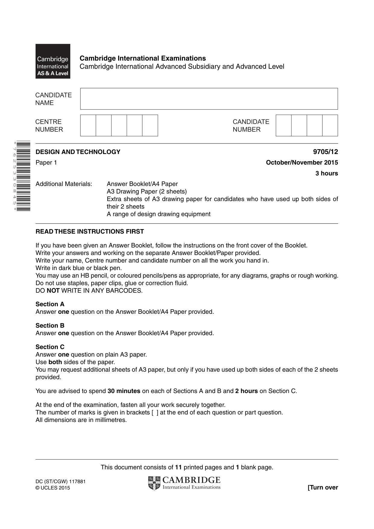 Cambridge A Level Design and Technology 9705 2015 Oct/Nov Paper 1 · Variant 2 question paper, page 1 of 12