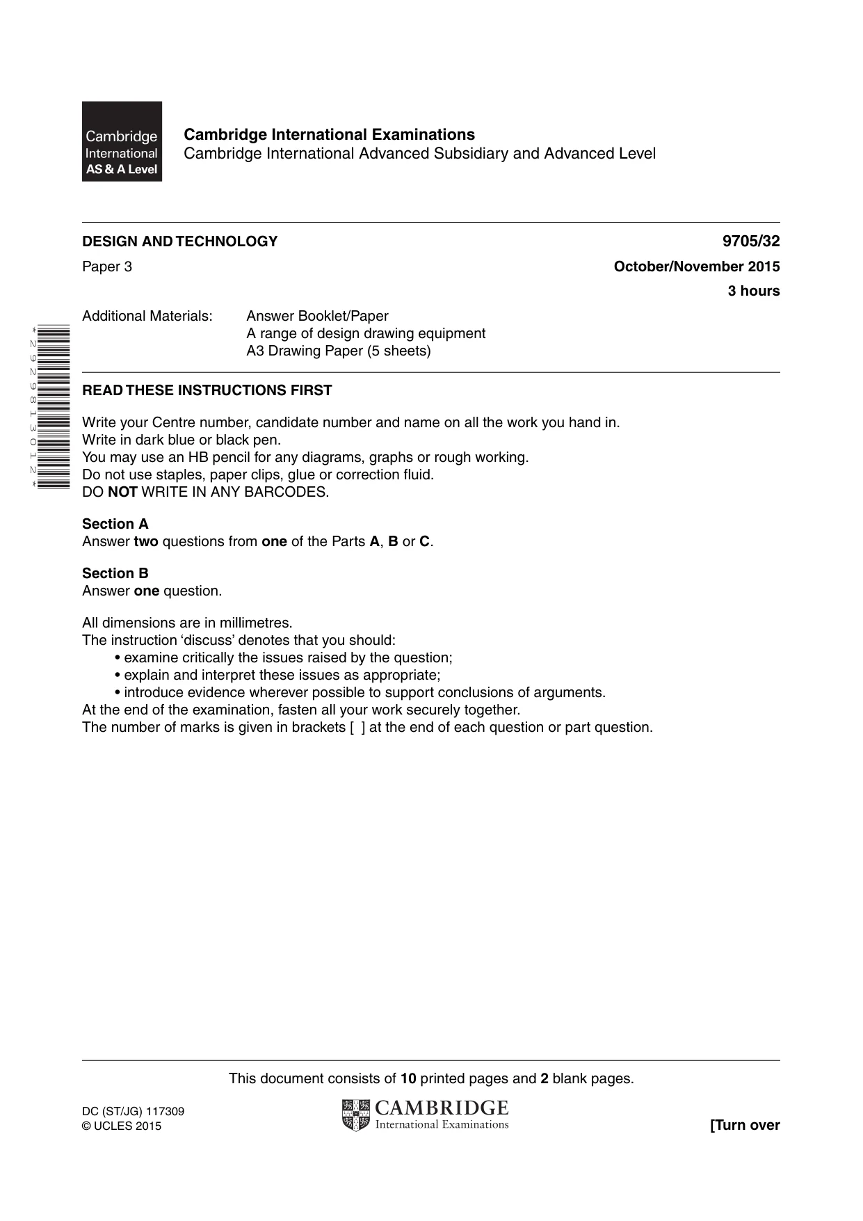 Cambridge A Level Design and Technology 9705 2015 Oct/Nov Paper 3 · Variant 2 question paper, page 1 of 12