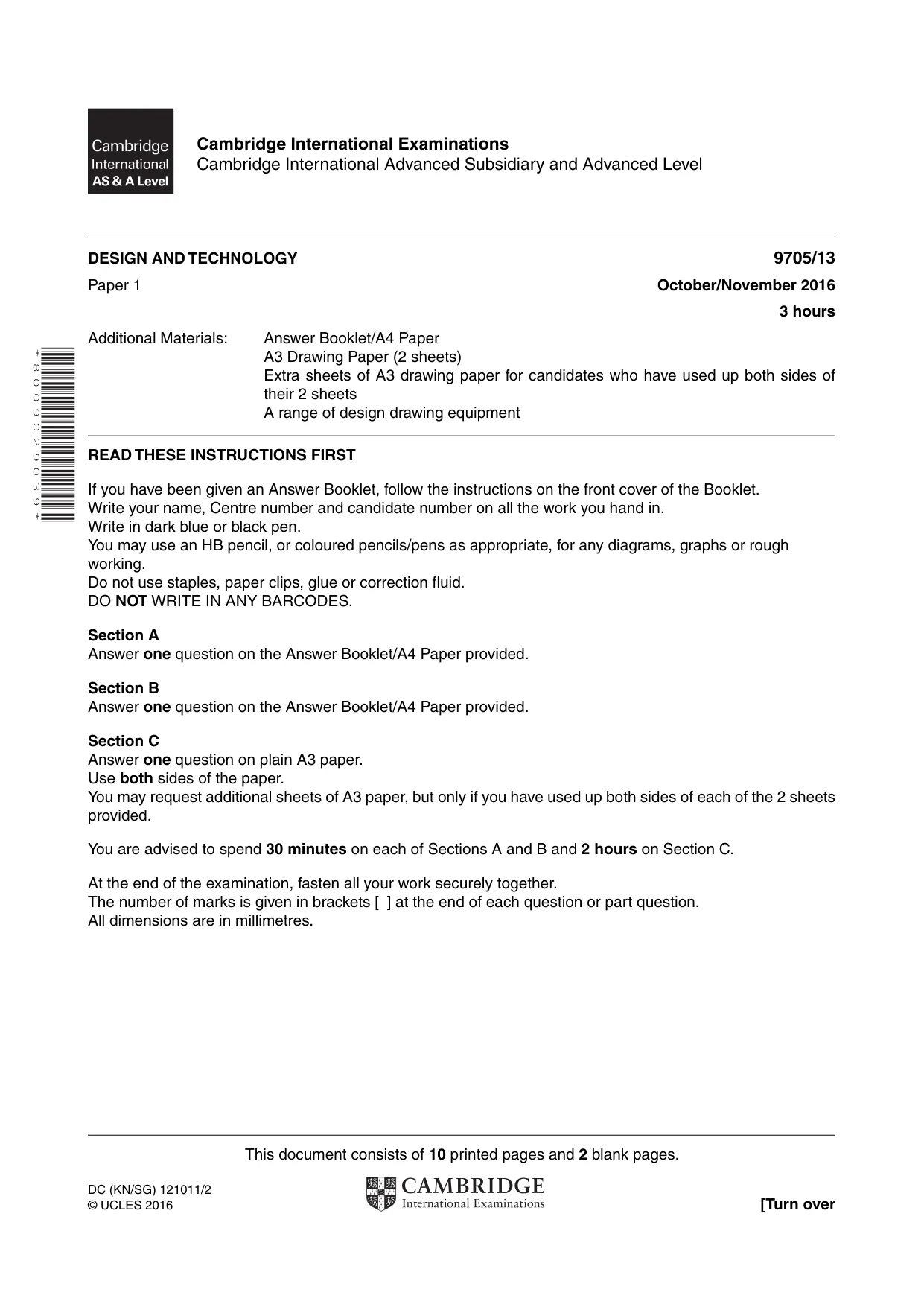 Cambridge A Level Design and Technology 9705 2016 Oct/Nov Paper 1 · Variant 3 question paper, page 1 of 12