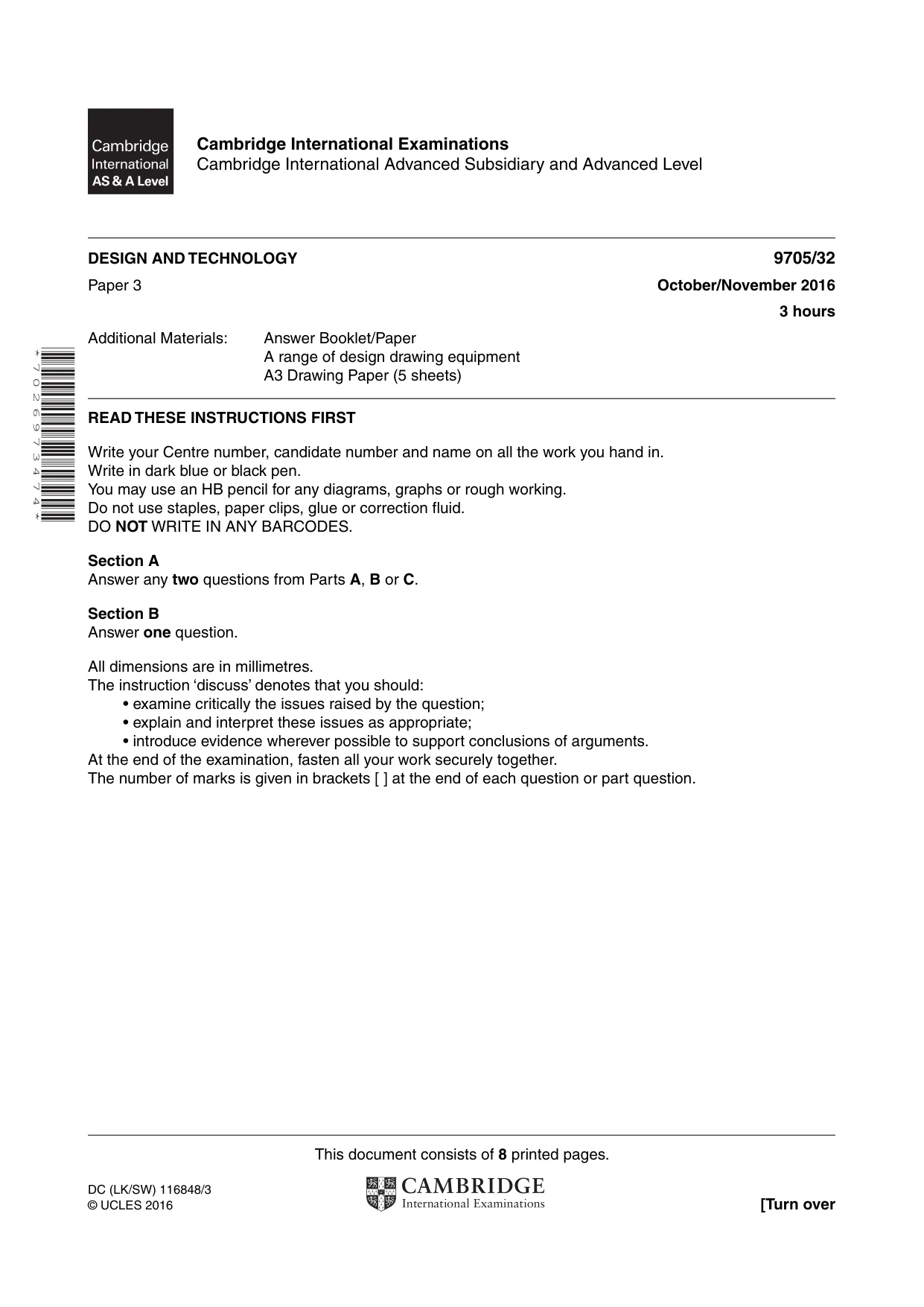 Cambridge A Level Design and Technology 9705 2016 Oct/Nov Paper 3 · Variant 2 question paper, page 1 of 8