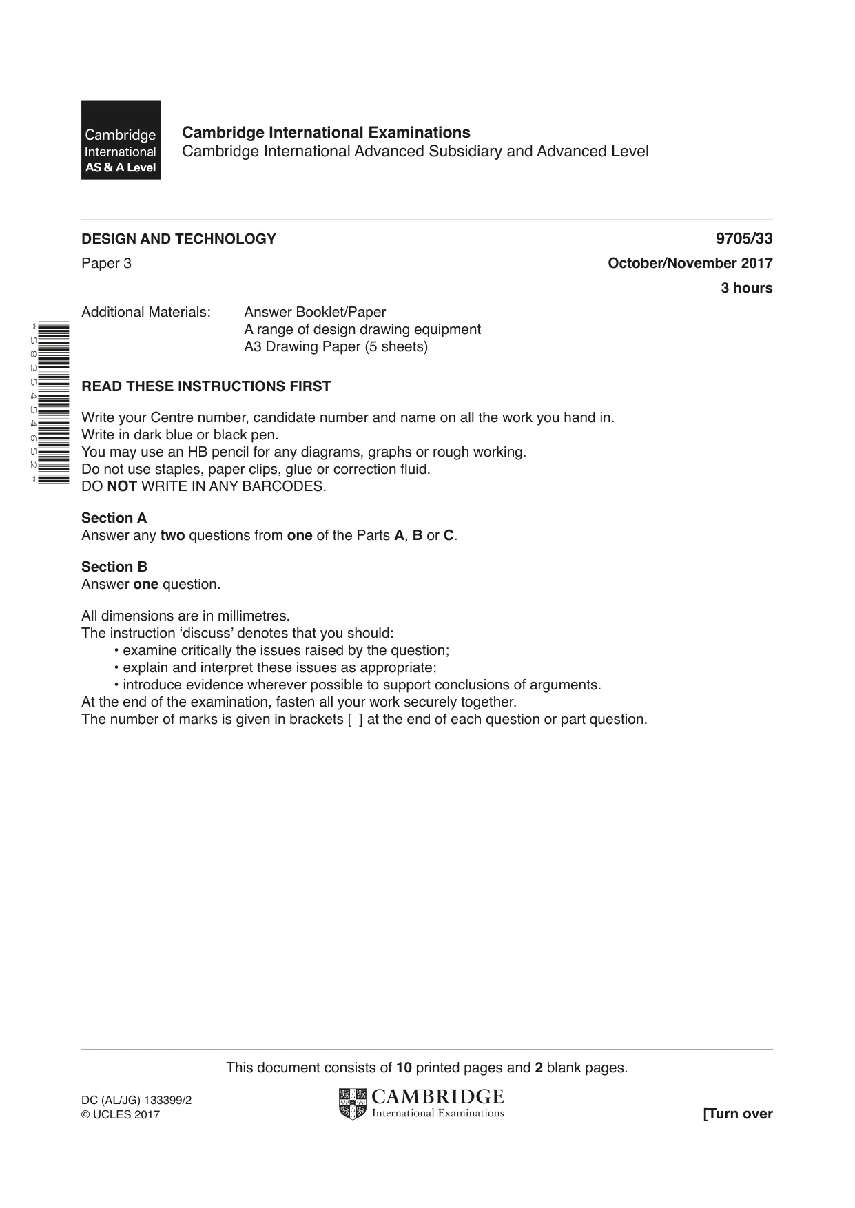 Cambridge A Level Design and Technology 9705 2017 Oct/Nov Paper 3 · Variant 3 question paper, page 1 of 12