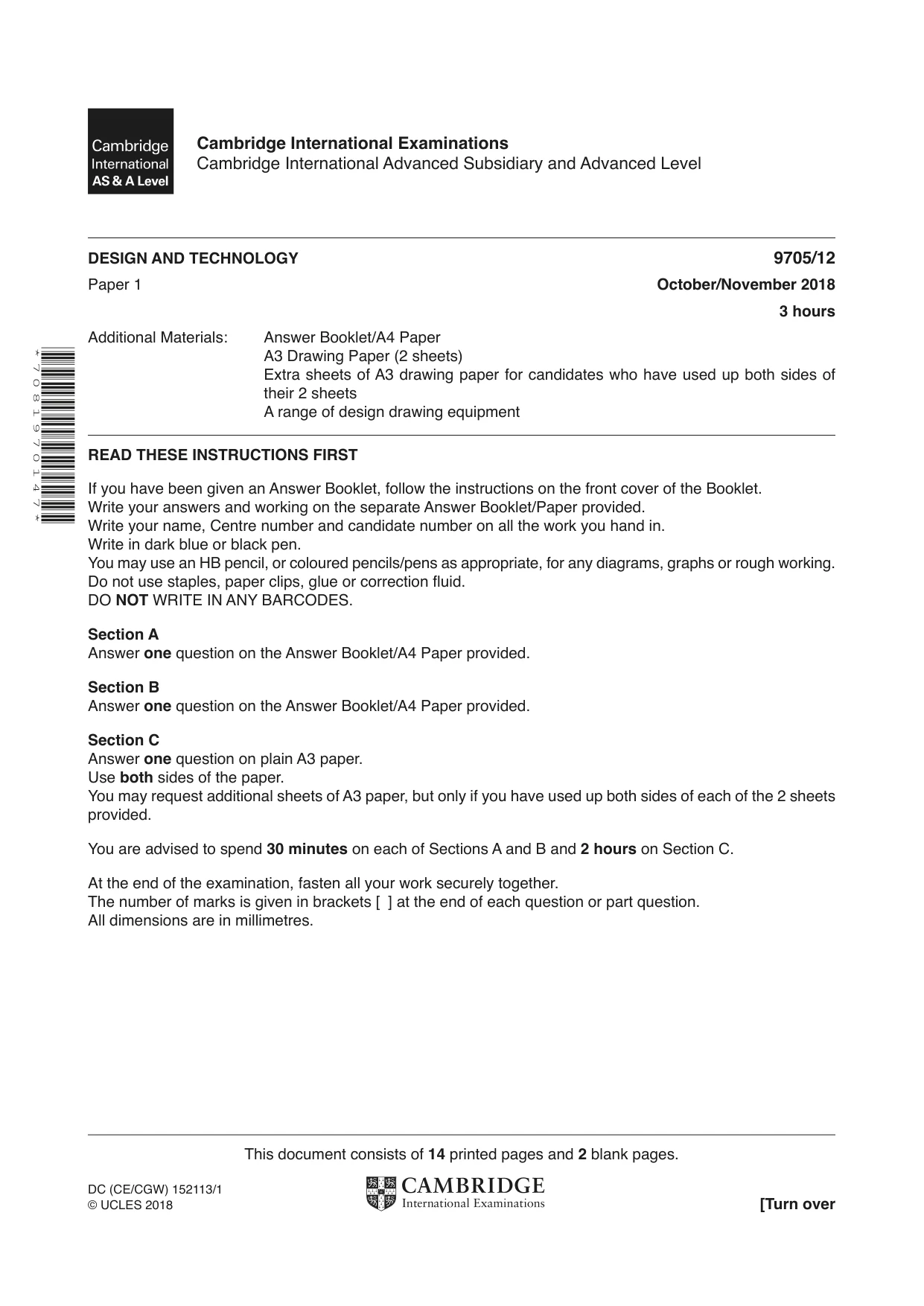 Cambridge A Level Design and Technology 9705 2018 Oct/Nov Paper 1 · Variant 2 question paper, page 1 of 16
