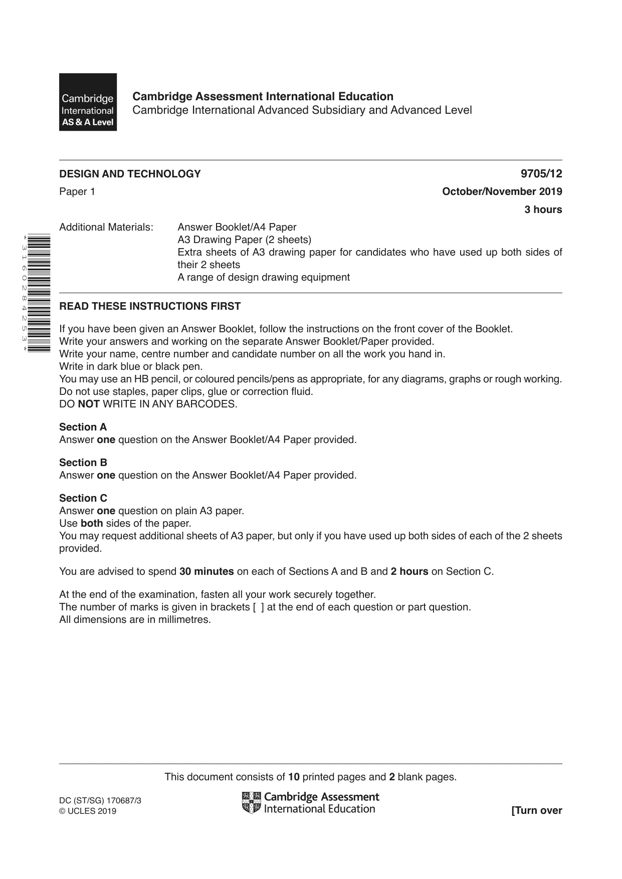 Cambridge A Level Design and Technology 9705 2019 Oct/Nov Paper 1 · Variant 2 question paper, page 1 of 12