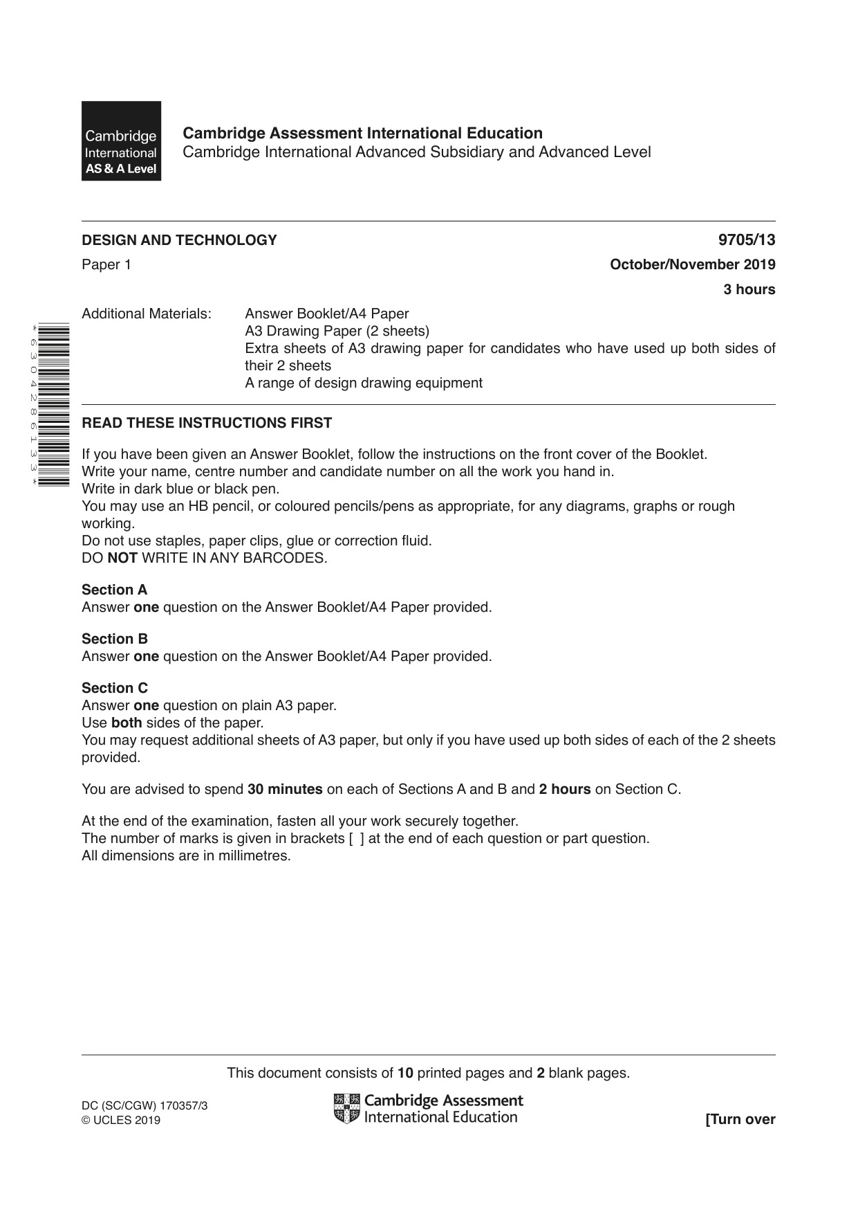 Cambridge A Level Design and Technology 9705 2019 Oct/Nov Paper 1 · Variant 3 question paper, page 1 of 12