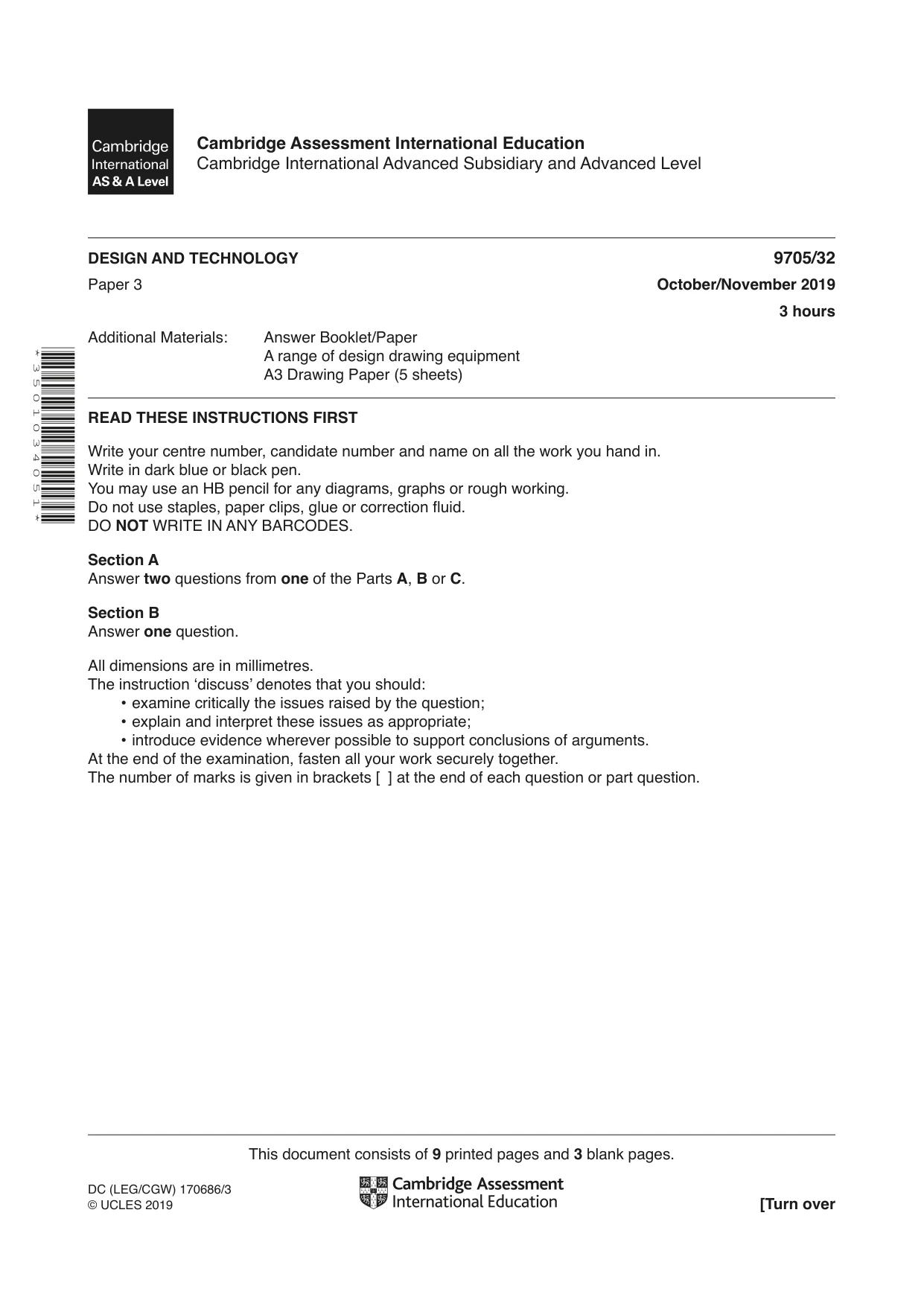 Cambridge A Level Design and Technology 9705 2019 Oct/Nov Paper 3 · Variant 2 question paper, page 1 of 12