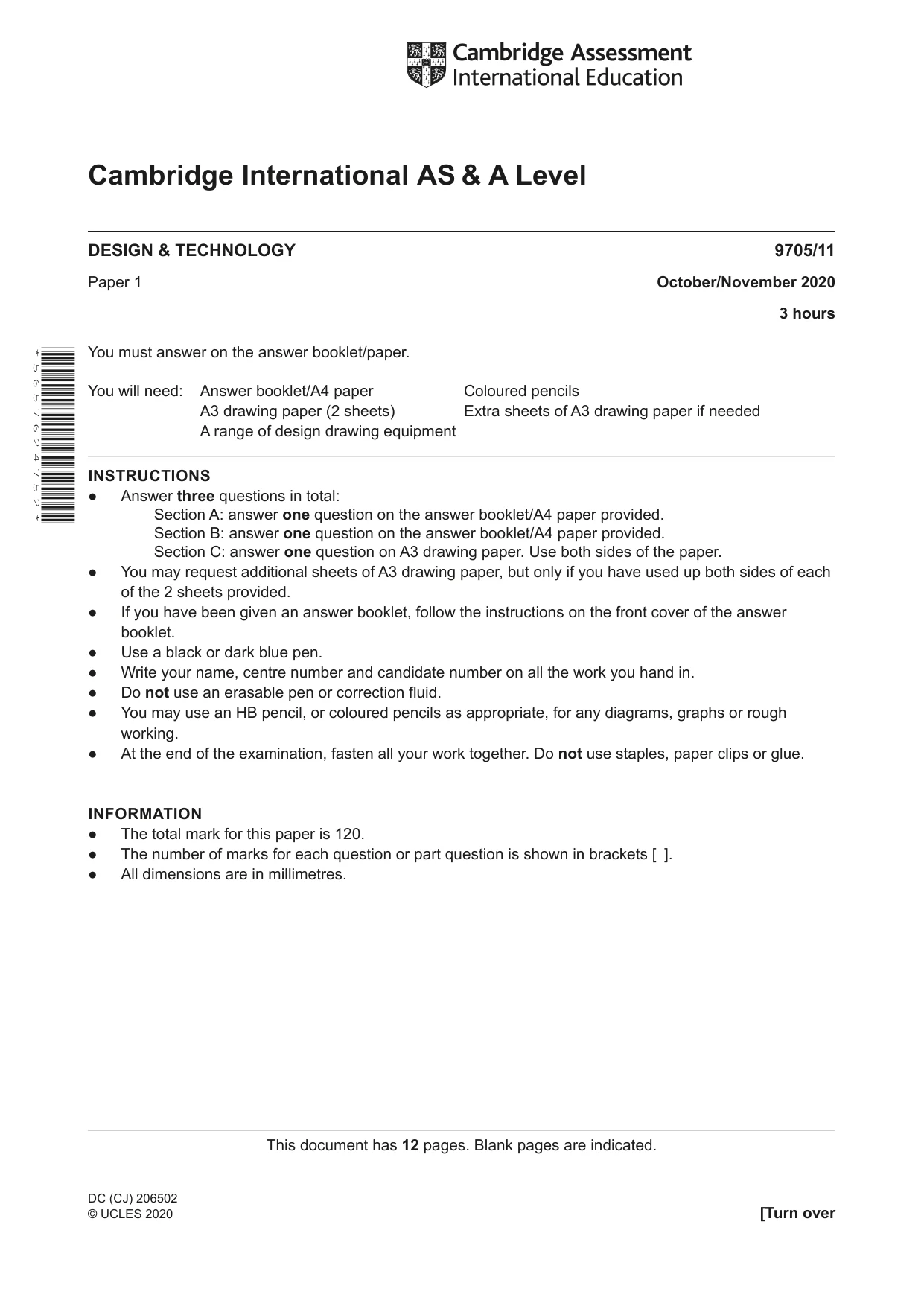 Cambridge A Level Design and Technology 9705 2020 Oct/Nov Paper 1 · Variant 1 question paper, page 1 of 12