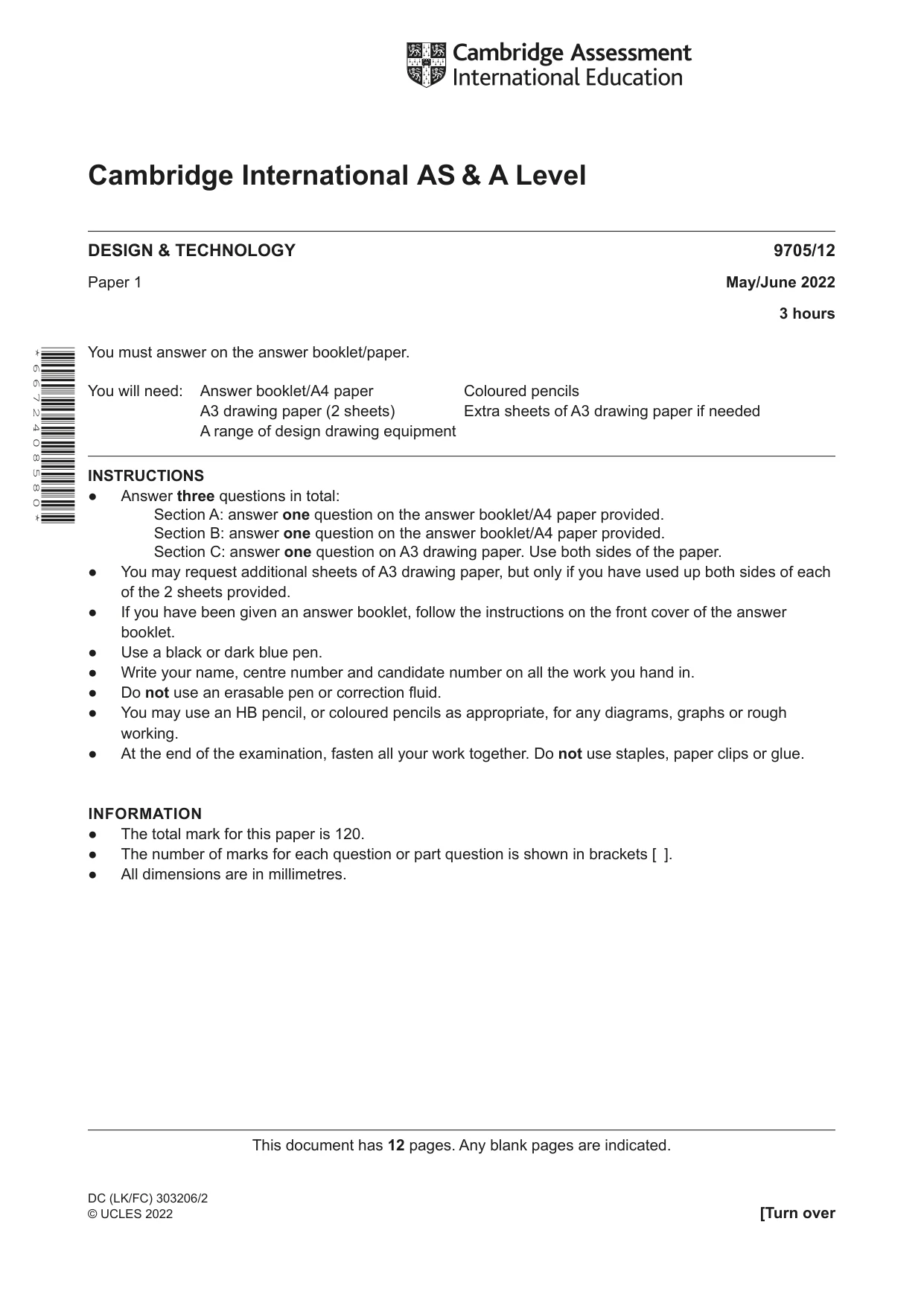 Cambridge A Level Design and Technology 9705 2022 May/June Paper 1 · Variant 2 question paper, page 1 of 12