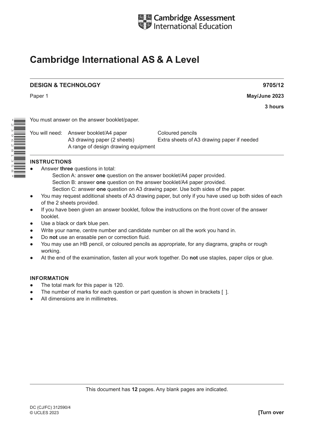 Cambridge A Level Design and Technology 9705 2023 May/June Paper 1 · Variant 2 question paper, page 1 of 12