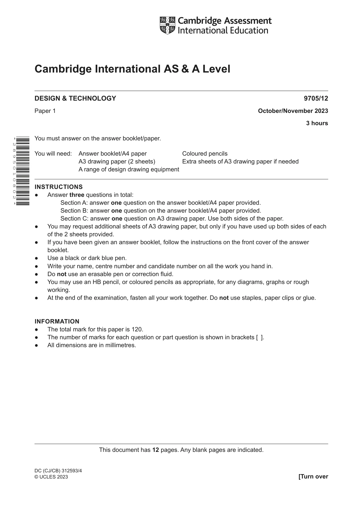 Cambridge A Level Design and Technology 9705 2023 Oct/Nov Paper 1 · Variant 2 question paper, page 1 of 12