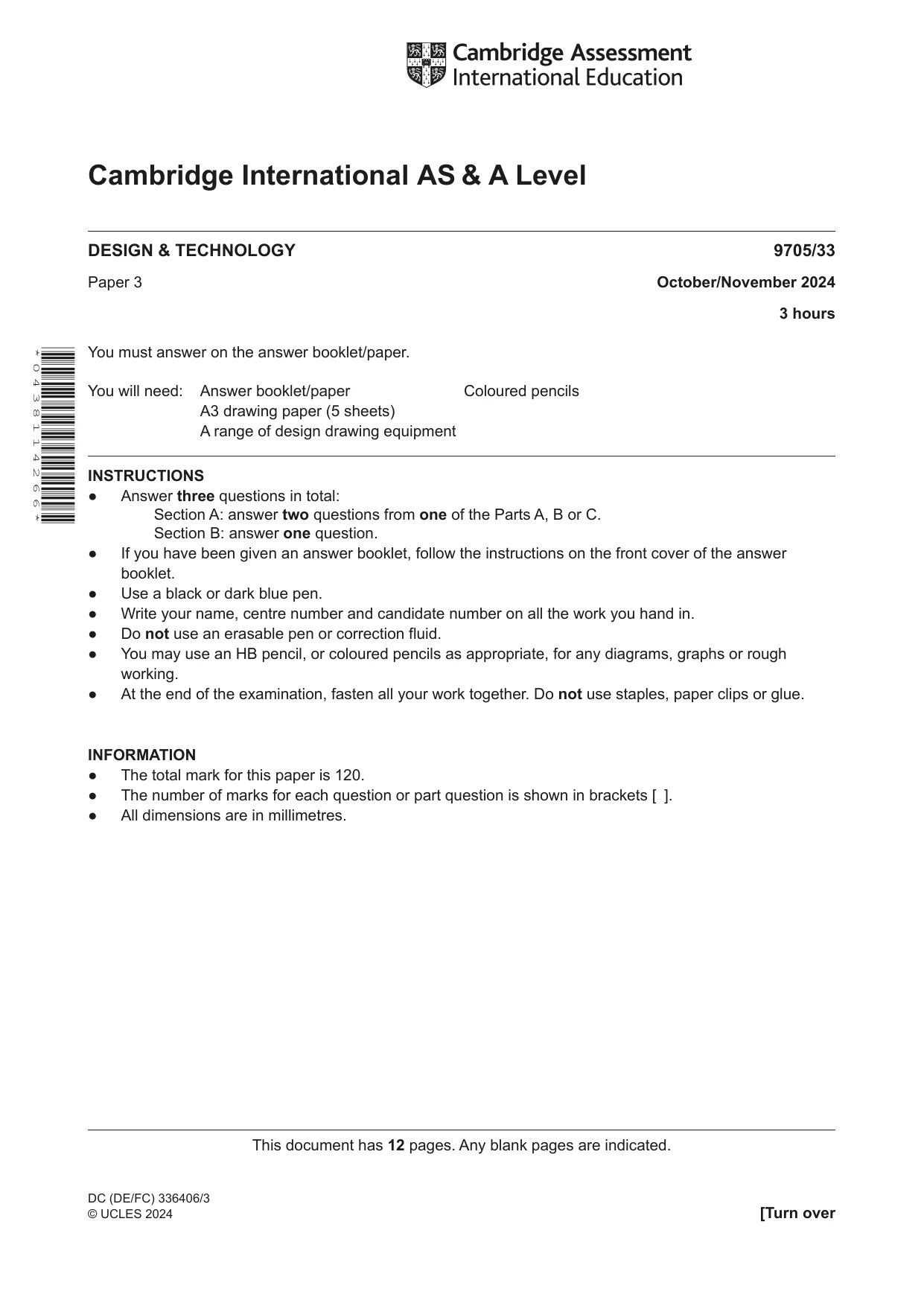 Cambridge A Level Design and Technology 9705 2024 Oct/Nov Paper 3 · Variant 3 question paper, page 1 of 12