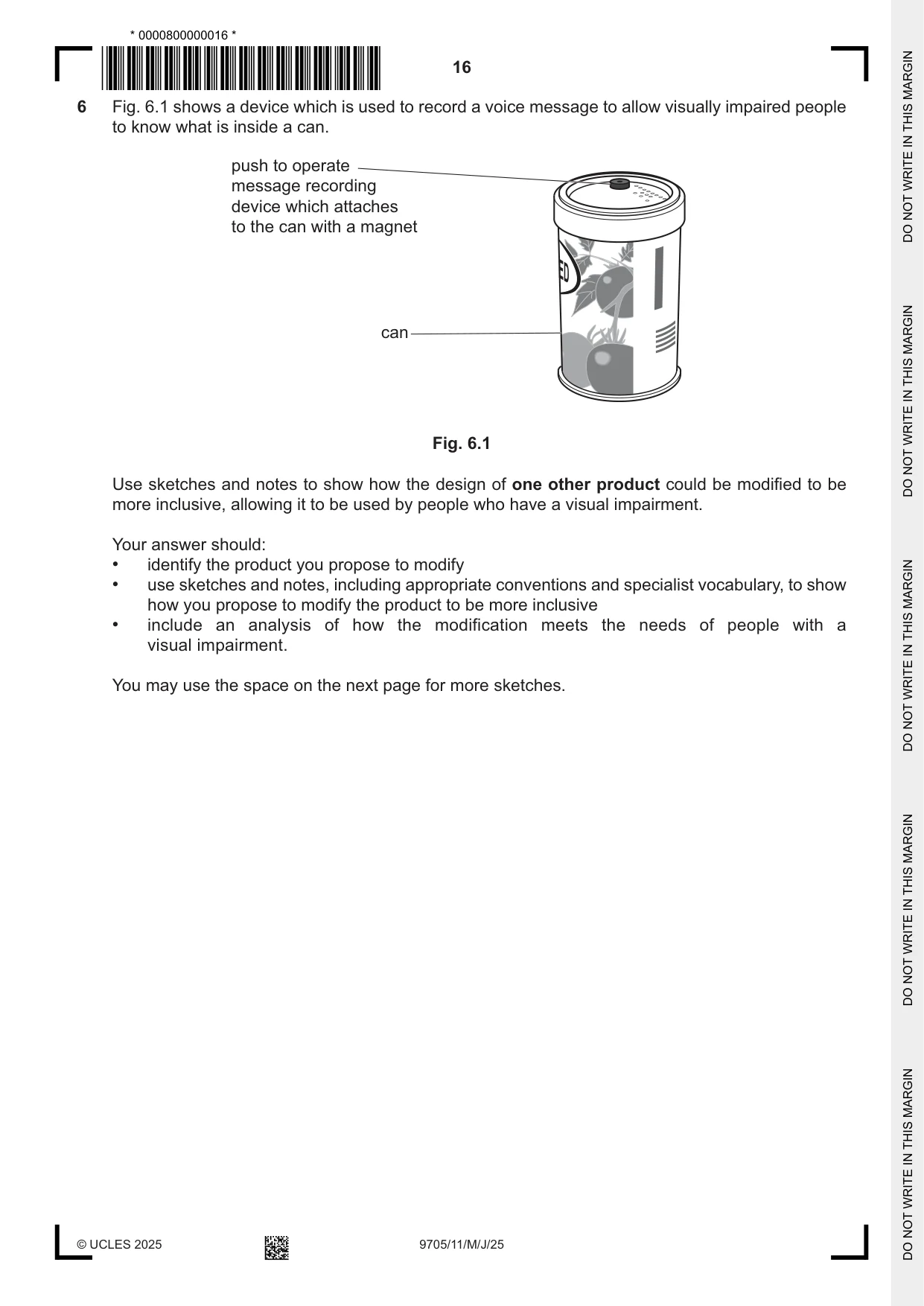 Cambridge A Level Design and Technology 9705 2025 May/June Paper 1 · Variant 1 question paper, page 16 of 20