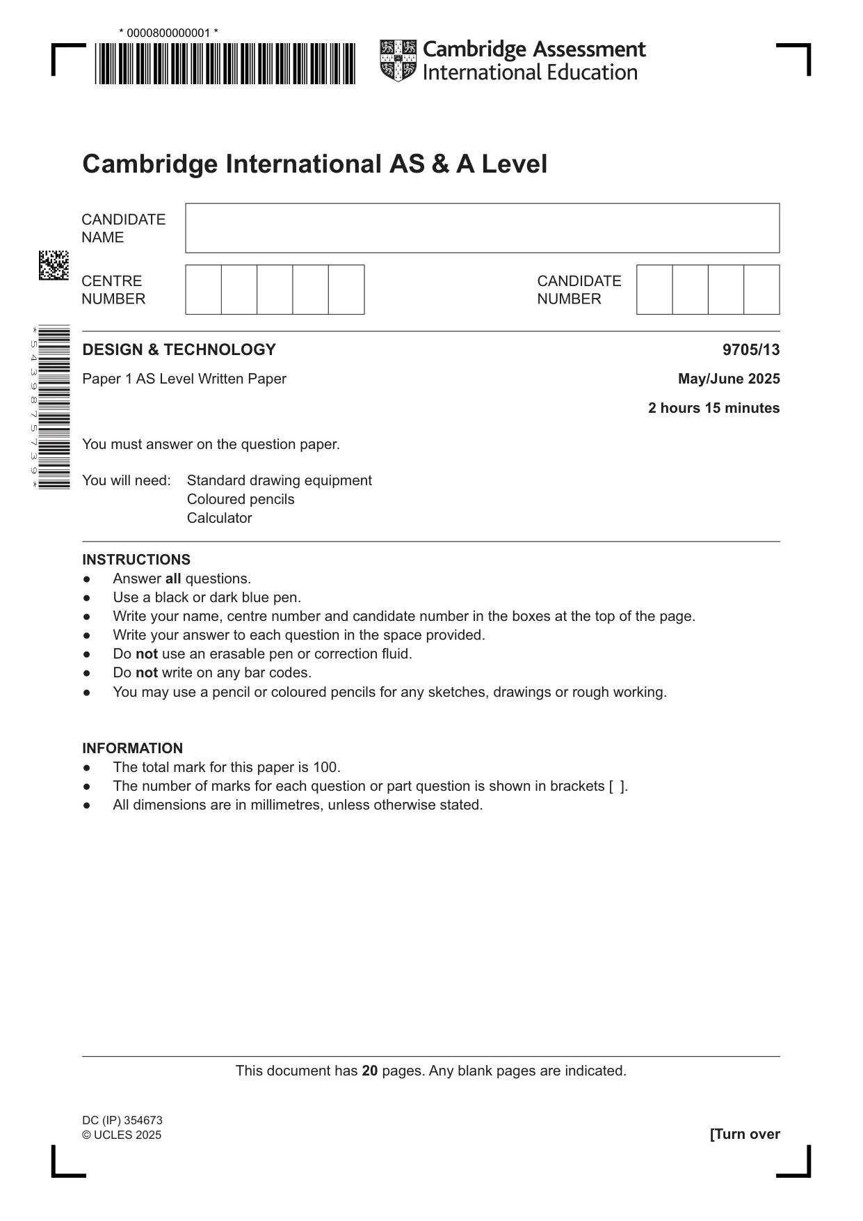Cambridge A Level Design and Technology 9705 2025 May/June Paper 1 · Variant 3 question paper, page 1 of 20