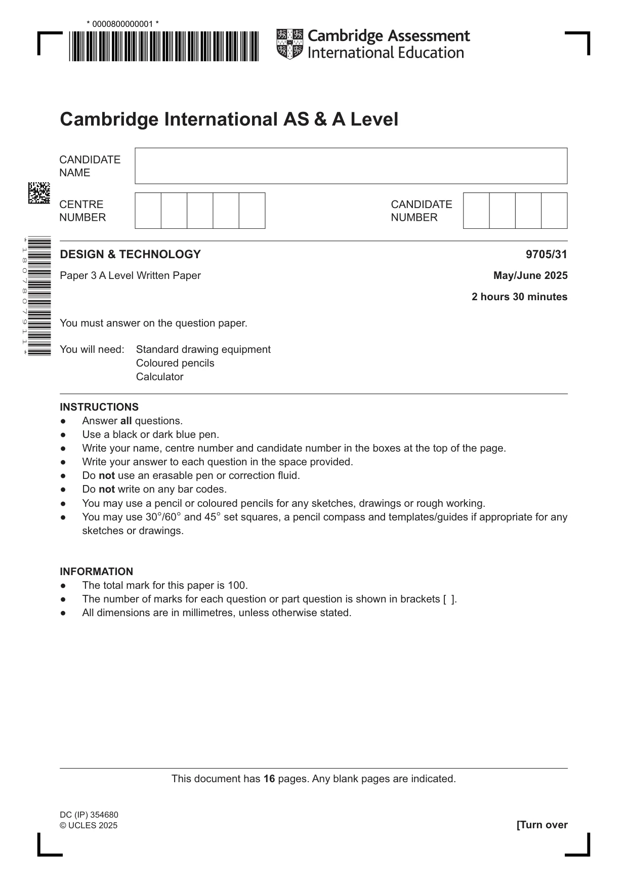 Cambridge A Level Design and Technology 9705 2025 May/June Paper 3 · Variant 1 question paper, page 1 of 16